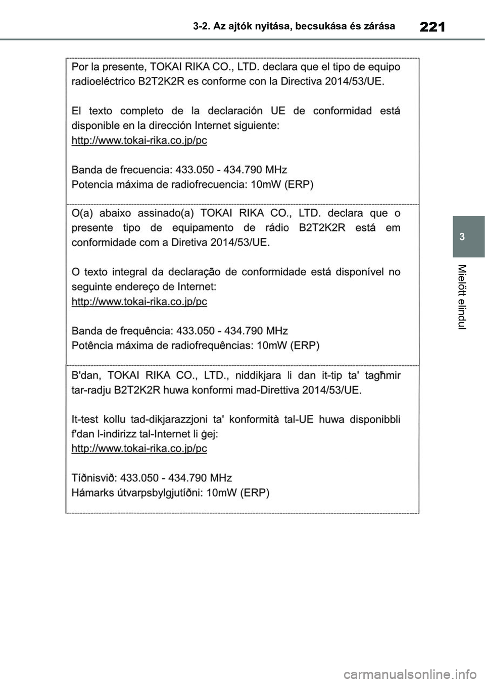 TOYOTA RAV4 2018  Kezelési útmutató (in Hungarian) 221
3
3-2. Az ajtók nyitása, becsukása és zárása
Mielőtt elindul 