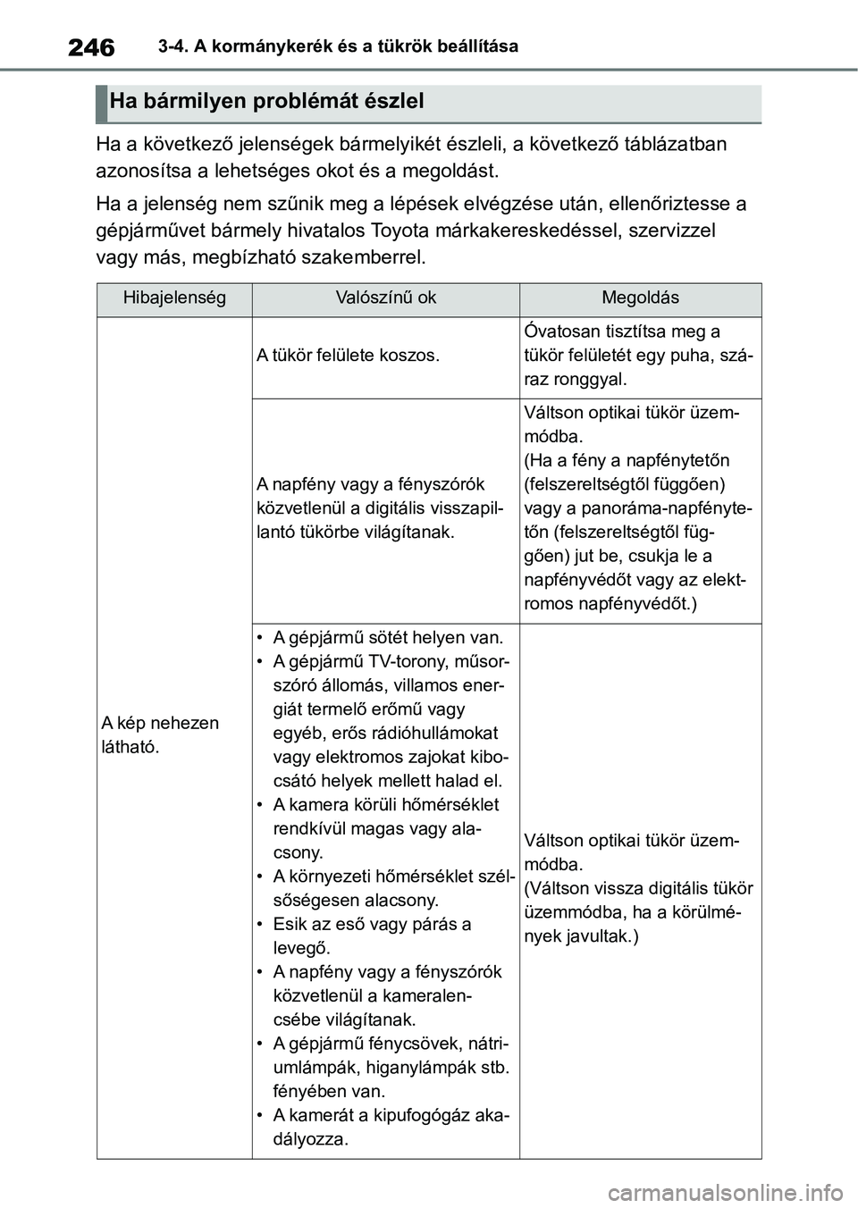 TOYOTA RAV4 2018  Kezelési útmutató (in Hungarian) 2463-4. A kormánykerék és a tükrök beállítása
Ha a következő jelenségek bármelyikét észleli, a következő tábl ázatban 
azonosítsa a lehetséges  okot és a megoldást.
Ha a jelensé