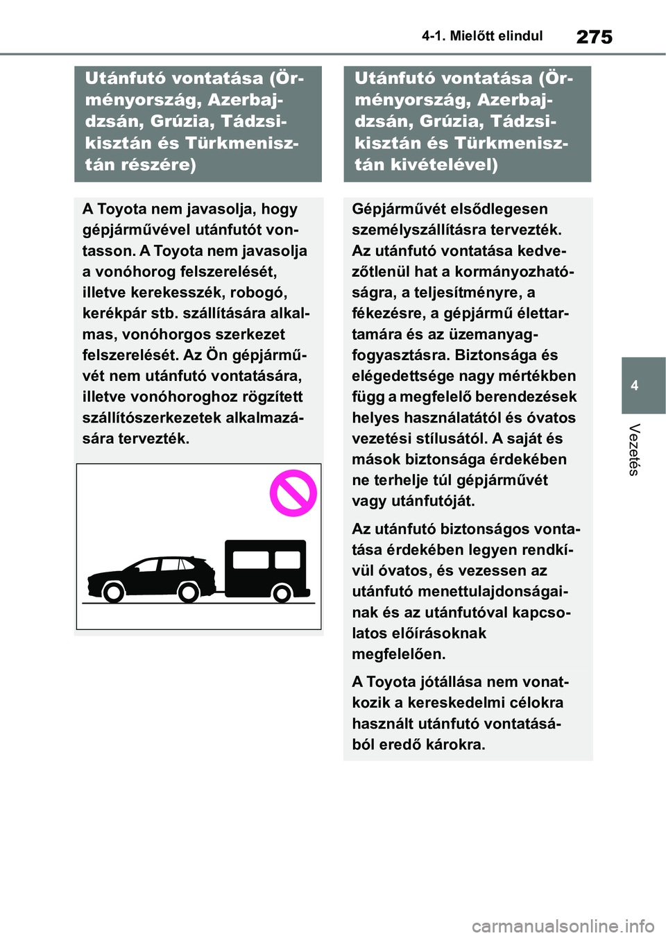 TOYOTA RAV4 2018  Kezelési útmutató (in Hungarian) 275
4
4-1. Mielőtt elindul
Vezetés
Utánfutó vontatása (Ör-
ményország, Azerbaj-
dzsán, Grúzia, Tádzsi-
kisztán és Türkmenisz-
tán részére)
A Toyota nem javasolja, hogy 
gépjárművé