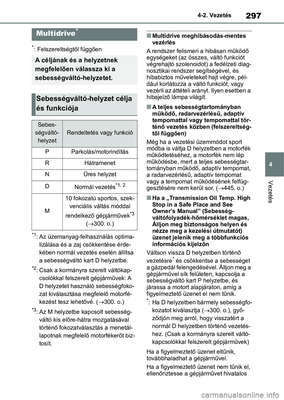 TOYOTA RAV4 2018  Kezelési útmutató (in Hungarian) 297
4
4-2. Vezetés
Vezetés
*: Felszereltségtől függően
*1: Az üzemanyag-felhasználás optima-
lizálása és a za j csökkentése érde-
kében normál vezetés esetén állítsa 
a sebességv