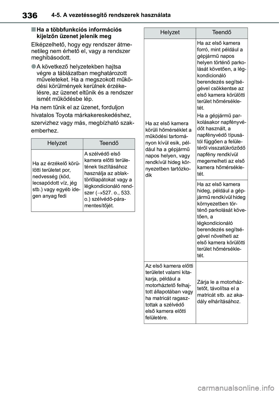TOYOTA RAV4 2018  Kezelési útmutató (in Hungarian) 3364-5. A vezetéssegítő rendszerek használata
nHa a többfunkciós információs 
kijelzőn üzenet jelenik meg
Elképzelhető, hogy  egy rendszer átme-
netileg nem érhető el, vagy a rendszer 
