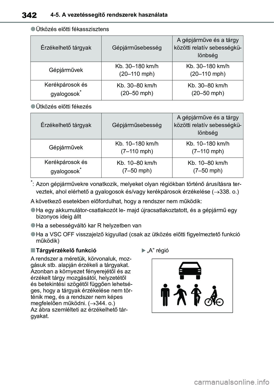 TOYOTA RAV4 2018  Kezelési útmutató (in Hungarian) 3424-5. A vezetéssegítő rendszerek használata
lÜtközés előtti fékasszisztens
lÜtközés előtti fékezés
*: Azon gépjárművekre vonatkozik, m elyeket olyan régiókban történő árusít