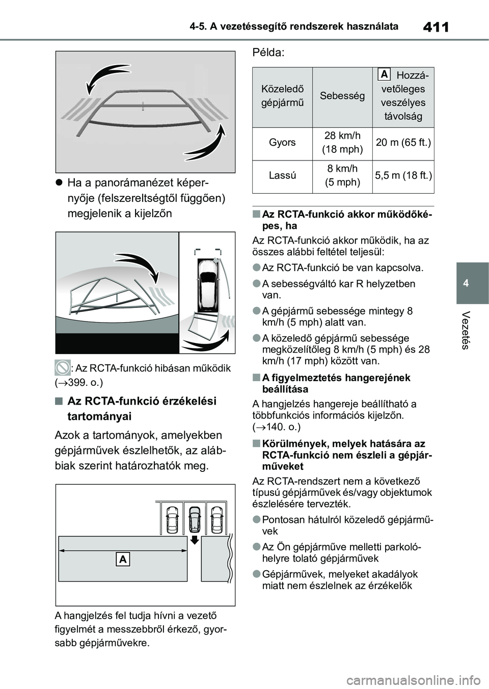 TOYOTA RAV4 2018  Kezelési útmutató (in Hungarian) 411
4
4-5. A vezetéssegítő rendszerek használata
Vezetés

Ha a panorámanézet képer-
nyője (felszereltségtől függően) 
megjelenik a kijelzőn
: Az RCTA-funkció hibásan működik 
(