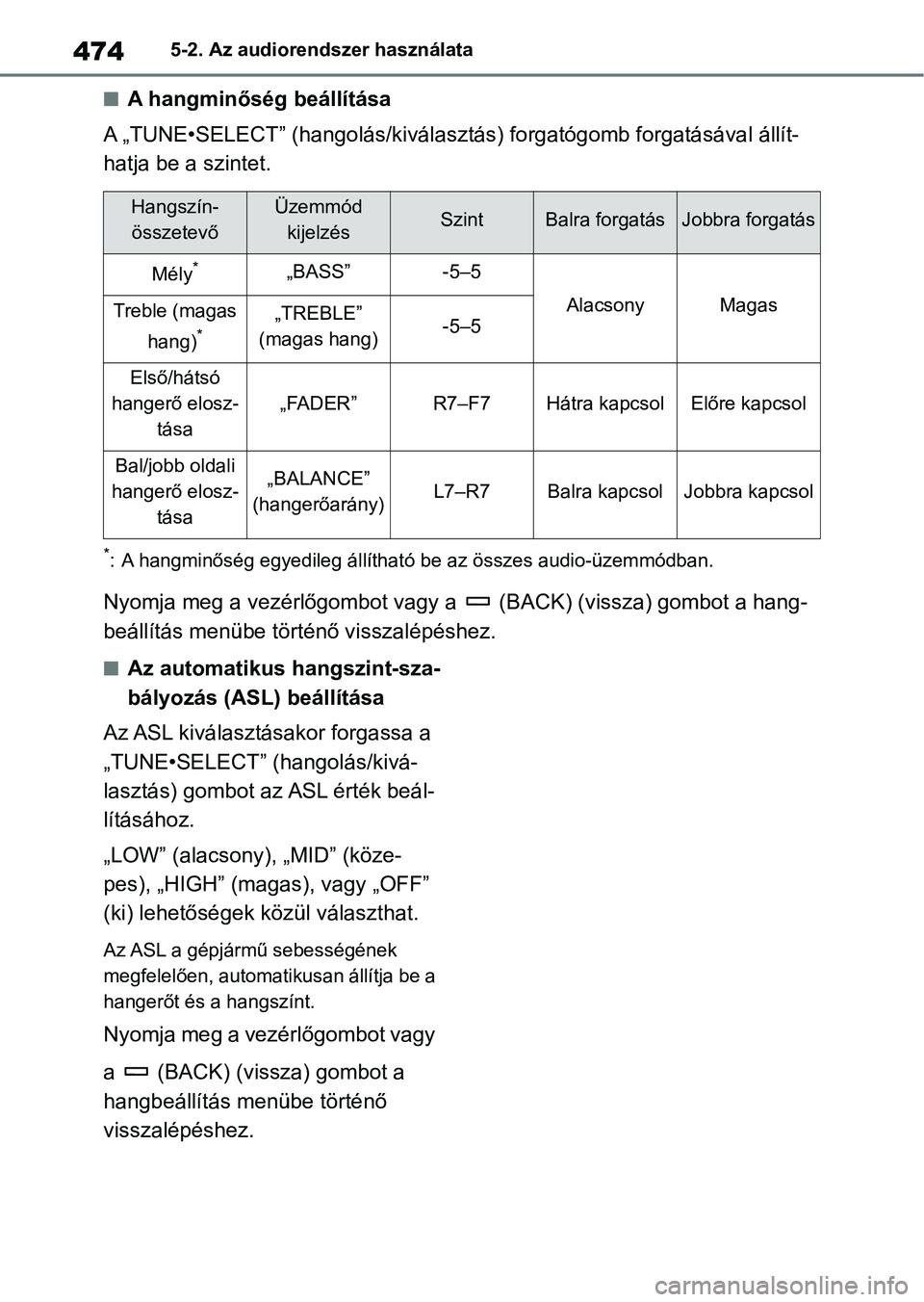 TOYOTA RAV4 2018  Kezelési útmutató (in Hungarian) 4745-2. Az audiorendszer használata
nA hangminőség beállítása
A „TUNE•SELECT” (hangolás/kiválasztás) forgatógomb forgatásával  állít-
hatja be a szintet.
*: A hangminőség egyedil