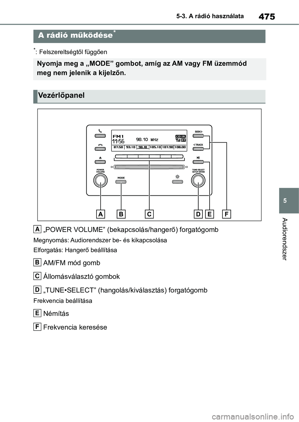 TOYOTA RAV4 2018  Kezelési útmutató (in Hungarian) 475
5
5-3. A rádió használata
Audiorendszer
5-3.A rádió használata
*: Felszereltségtől függően
„POWER VOLUME” (bekapcsolás/hangerő) forgatógomb
Megnyomás: Audiorendszer be- és kikap