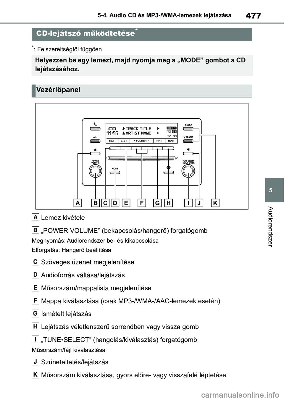 TOYOTA RAV4 2018  Kezelési útmutató (in Hungarian) 477
5
5-4. Audio CD és MP3-/WMA-lemezek lejátszása
Audiorendszer
5-4.Audio CD és MP3-/WMA-lemezek lejátszása
*: Felszereltségtől függően
Lemez kivétele
„POWER VOLUME” (bekapcsolás/hang