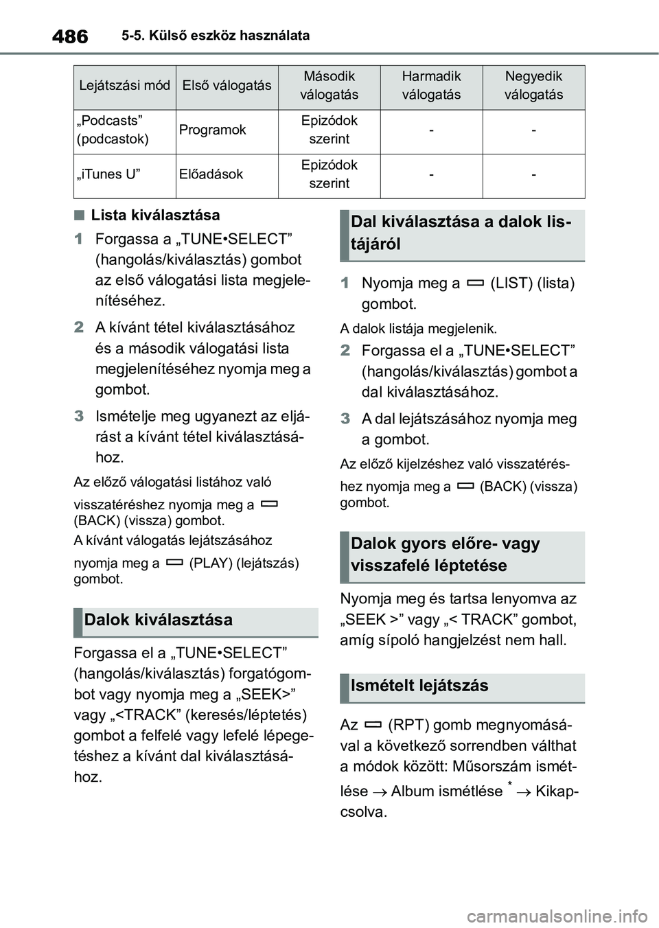 TOYOTA RAV4 2018  Kezelési útmutató (in Hungarian) 4865-5. Külső eszköz használata
nLista kiválasztása
1 Forgassa a „TU NE•SELECT” 
(hangolás/kiválasztás) gombot 
az első válogatási lista megjele-
nítéséhez.
2 A kívánt tétel ki