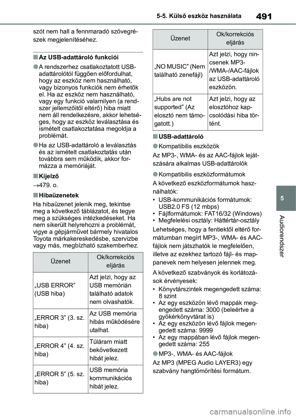 TOYOTA RAV4 2018  Kezelési útmutató (in Hungarian) 491
5
5-5. Külső eszköz használata
Audiorendszer
szót nem hall a fennmaradó szövegré-
szek megjelenítéséhez.
nAz USB-adattároló funkciói
lA rendszerhez csatlakoztatott USB-
adattárolót