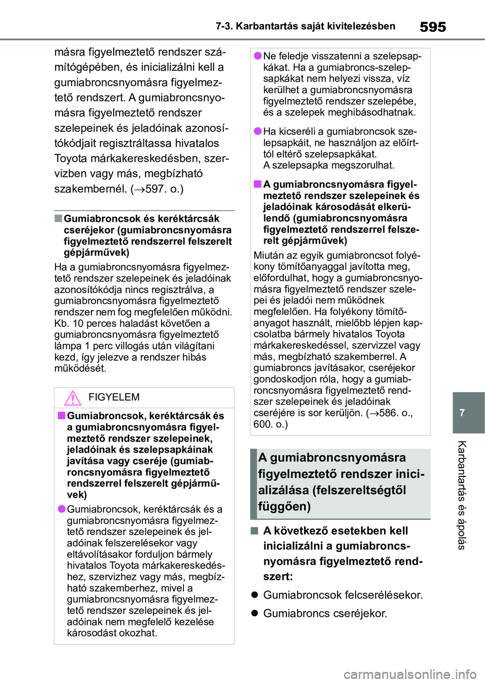 TOYOTA RAV4 2018  Kezelési útmutató (in Hungarian) 595
7
7-3. Karbantartás saját kivitelezésben
Karbantartás és ápolás
másra figyelmeztető rendszer szá-
mítógépében, és inicializálni kell a 
gumiabroncsnyomásra figyelmez-
tető rendsz