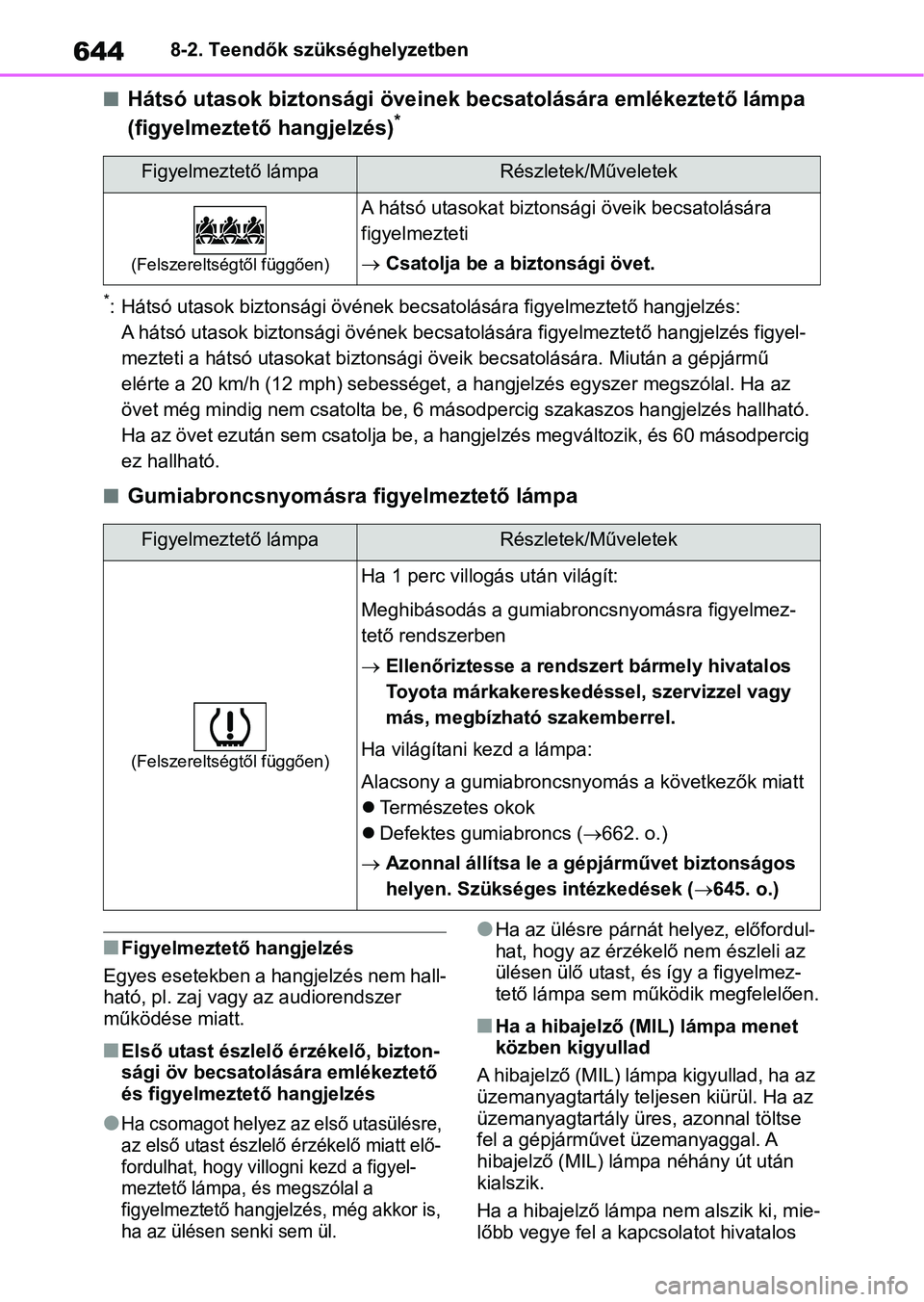 TOYOTA RAV4 2018 Kezelési útmutató (in Hungarian) 6448-2. Teendők szükséghelyzetben
nHátsó utasok biztonsági öveinek becsatolására emlékeztető lámpa
(figyelmeztető hangjelzés)*
*: Hátsó utasok biztonsági övének becsatolására f TOYOTA RAV4 2018 Kezelési útmutató (in Hungarian) 6448-2. Teendők szükséghelyzetben
nHátsó utasok biztonsági öveinek becsatolására emlékeztető lámpa
(figyelmeztető hangjelzés)*
*: Hátsó utasok biztonsági övének becsatolására f