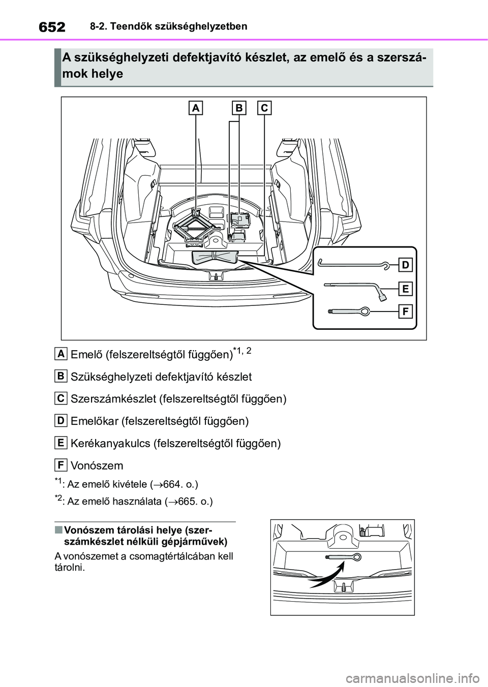 TOYOTA RAV4 2018 Kezelési útmutató (in Hungarian) 6528-2. Teendők szükséghelyzetben
Emelő (felszereltségtől függően)*1, 2
Szükséghelyzeti defektjavító készlet
Szerszámkészlet (felszereltségtől függően)
Emelőkar (felszereltségtől TOYOTA RAV4 2018 Kezelési útmutató (in Hungarian) 6528-2. Teendők szükséghelyzetben
Emelő (felszereltségtől függően)*1, 2
Szükséghelyzeti defektjavító készlet
Szerszámkészlet (felszereltségtől függően)
Emelőkar (felszereltségtől