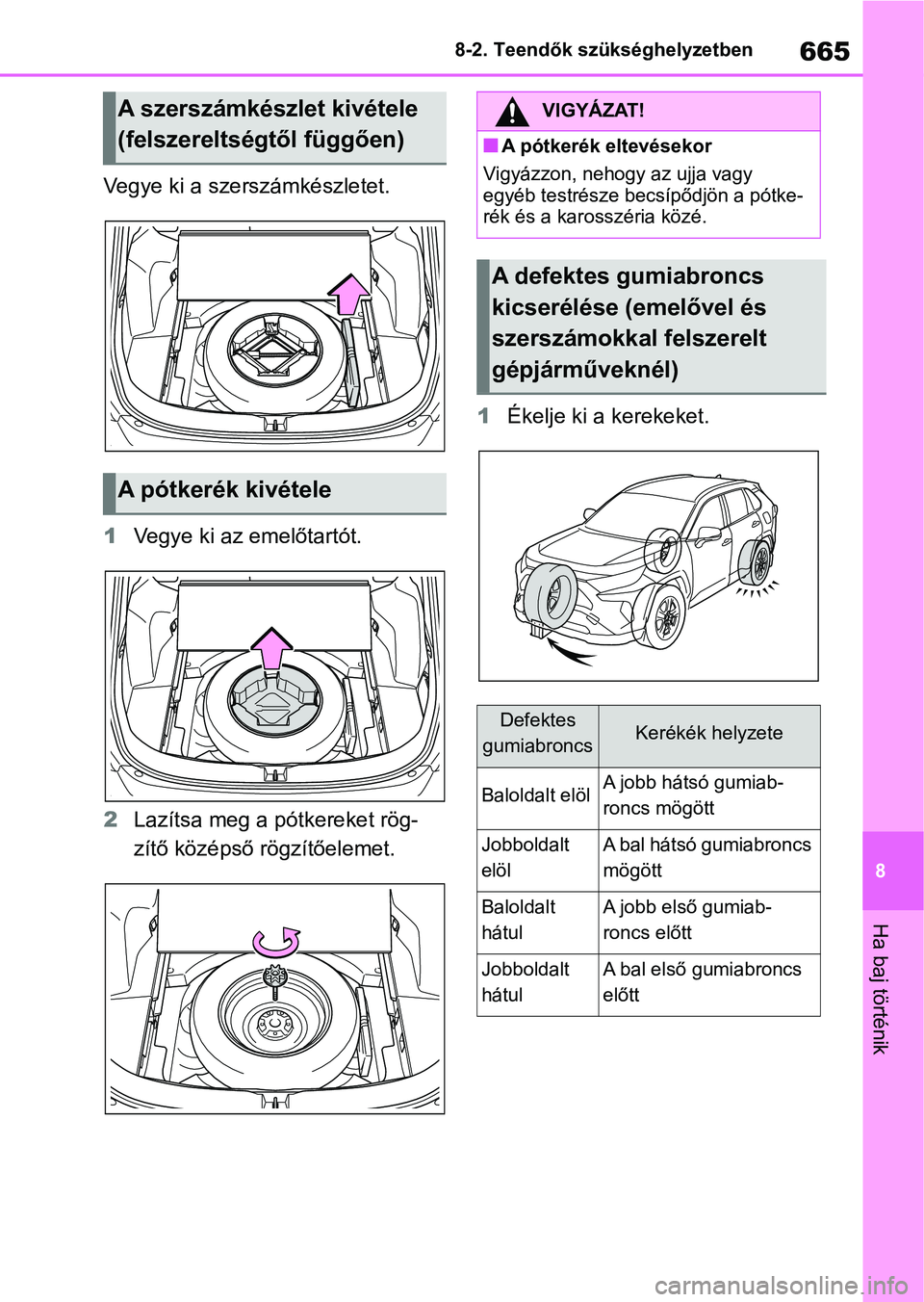 TOYOTA RAV4 2018  Kezelési útmutató (in Hungarian) 665
8
8-2. Teendők szükséghelyzetben
Ha baj történik
Vegye ki a szerszámkészletet.
1
Vegye ki az emelőtartót.
2 Lazítsa meg a pótkereket rög-
zítő középső rögzítőelemet. 1
Ékelje 