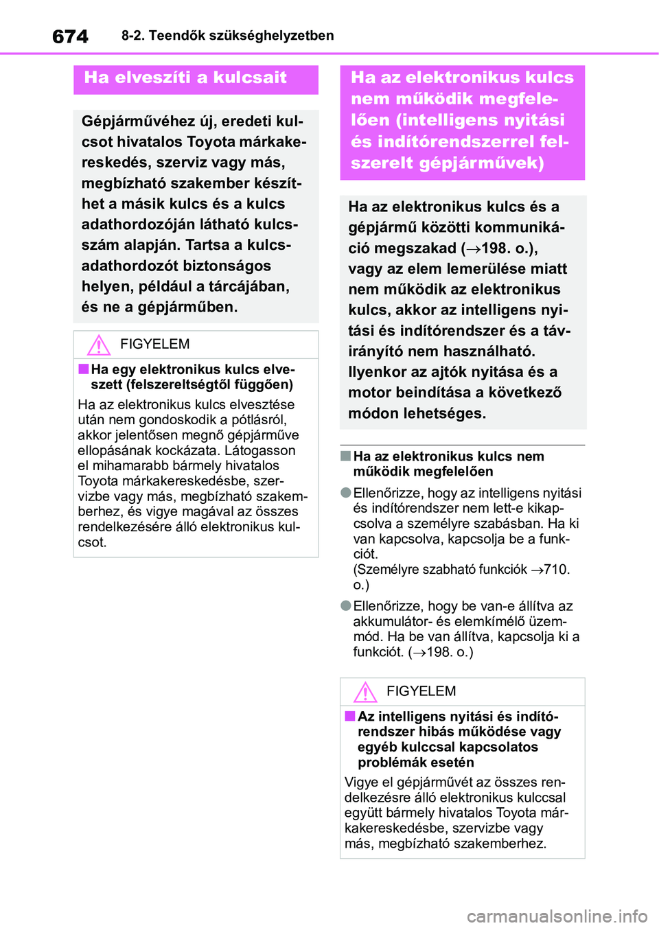 TOYOTA RAV4 2018 Kezelési útmutató (in Hungarian) 6748-2. Teendők szükséghelyzetben
nHa az elektronikus kulcs nem
működik megfelelően
lEllenőrizze, hogy az intelligens nyitási
és indítórendszer nem lett-e kikap-
csolva a személyre szab TOYOTA RAV4 2018 Kezelési útmutató (in Hungarian) 6748-2. Teendők szükséghelyzetben
nHa az elektronikus kulcs nem
működik megfelelően
lEllenőrizze, hogy az intelligens nyitási
és indítórendszer nem lett-e kikap-
csolva a személyre szab