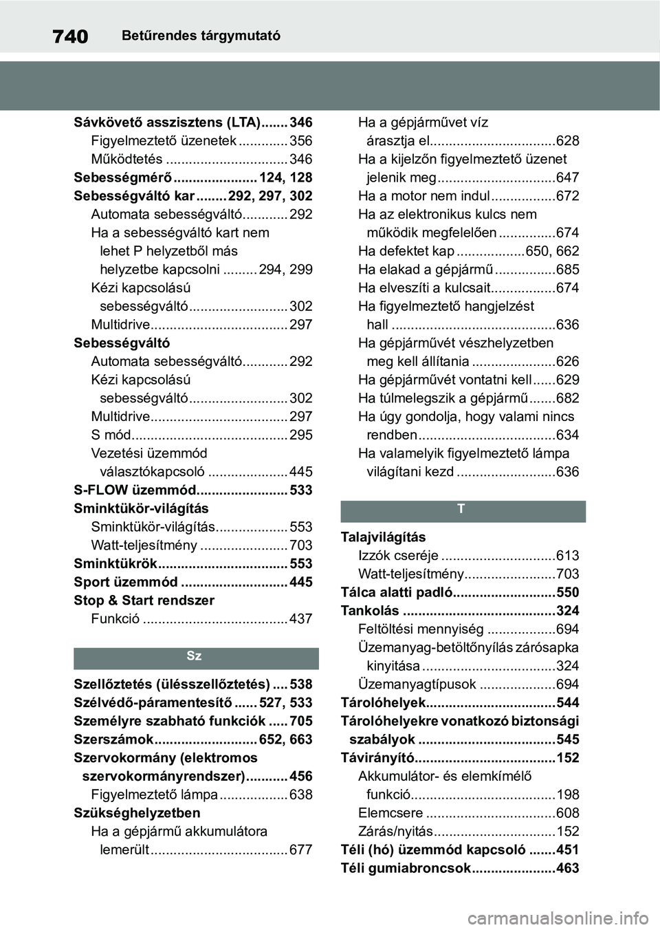 TOYOTA RAV4 2018 Kezelési útmutató (in Hungarian) 740Betűrendes tárgymutató
Sávkövető asszisztens (LTA)....... 346 Figyelmeztető üzenetek ............. 356
Működtetés ................................ 346
Sebességmérő ................... TOYOTA RAV4 2018 Kezelési útmutató (in Hungarian) 740Betűrendes tárgymutató
Sávkövető asszisztens (LTA)....... 346 Figyelmeztető üzenetek ............. 356
Működtetés ................................ 346
Sebességmérő ...................