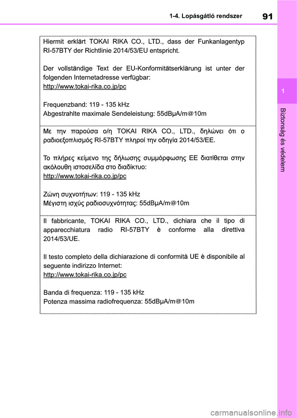 TOYOTA RAV4 2018 Kezelési útmutató (in Hungarian) 91
1
1-4. Lopásgátló rendszer
Biztonság és védelem TOYOTA RAV4 2018 Kezelési útmutató (in Hungarian) 91
1
1-4. Lopásgátló rendszer
Biztonság és védelem