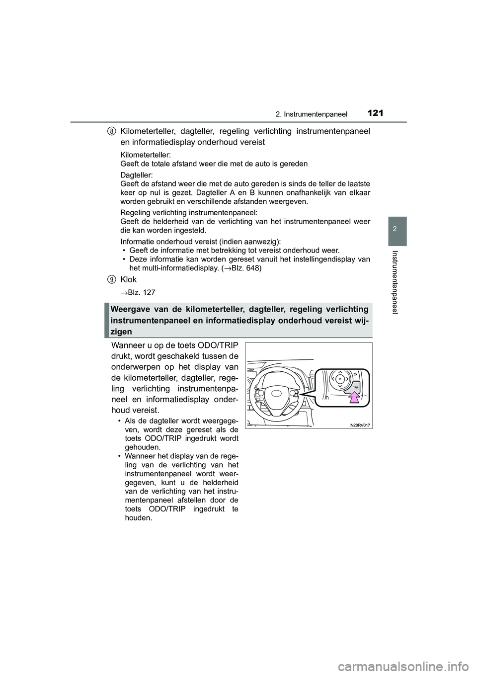 TOYOTA RAV4 2018 Instructieboekje (in Dutch) 1212. Instrumentenpaneel
2
Instrumentenpaneel
RAV4_OM_OM42B70E_(EE)
Kilometerteller, dagteller, regeling verlichting instrumentenpaneel
en informatiedisplay onderhoud vereist
Kilometerteller:
Geeft TOYOTA RAV4 2018 Instructieboekje (in Dutch) 1212. Instrumentenpaneel
2
Instrumentenpaneel
RAV4_OM_OM42B70E_(EE)
Kilometerteller, dagteller, regeling verlichting instrumentenpaneel
en informatiedisplay onderhoud vereist
Kilometerteller:
Geeft