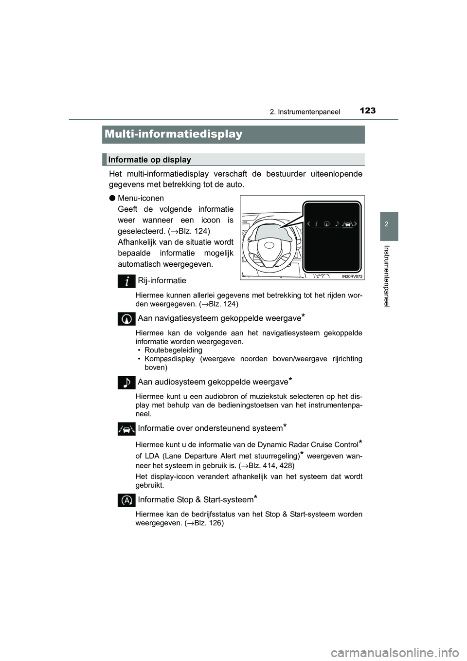 TOYOTA RAV4 2018 Instructieboekje (in Dutch) 123
2
2. Instrumentenpaneel
Instrumentenpaneel
RAV4_OM_OM42B70E_(EE)
Multi-infor matiedisplay
Het multi-informatiedisplay verschaft de bestuurder uiteenlopen de
gegevens met betrekk ing tot de au TOYOTA RAV4 2018 Instructieboekje (in Dutch) 123
2
2. Instrumentenpaneel
Instrumentenpaneel
RAV4_OM_OM42B70E_(EE)
Multi-infor matiedisplay
Het multi-informatiedisplay verschaft de bestuurder uiteenlopen de
gegevens met betrekk ing tot de au