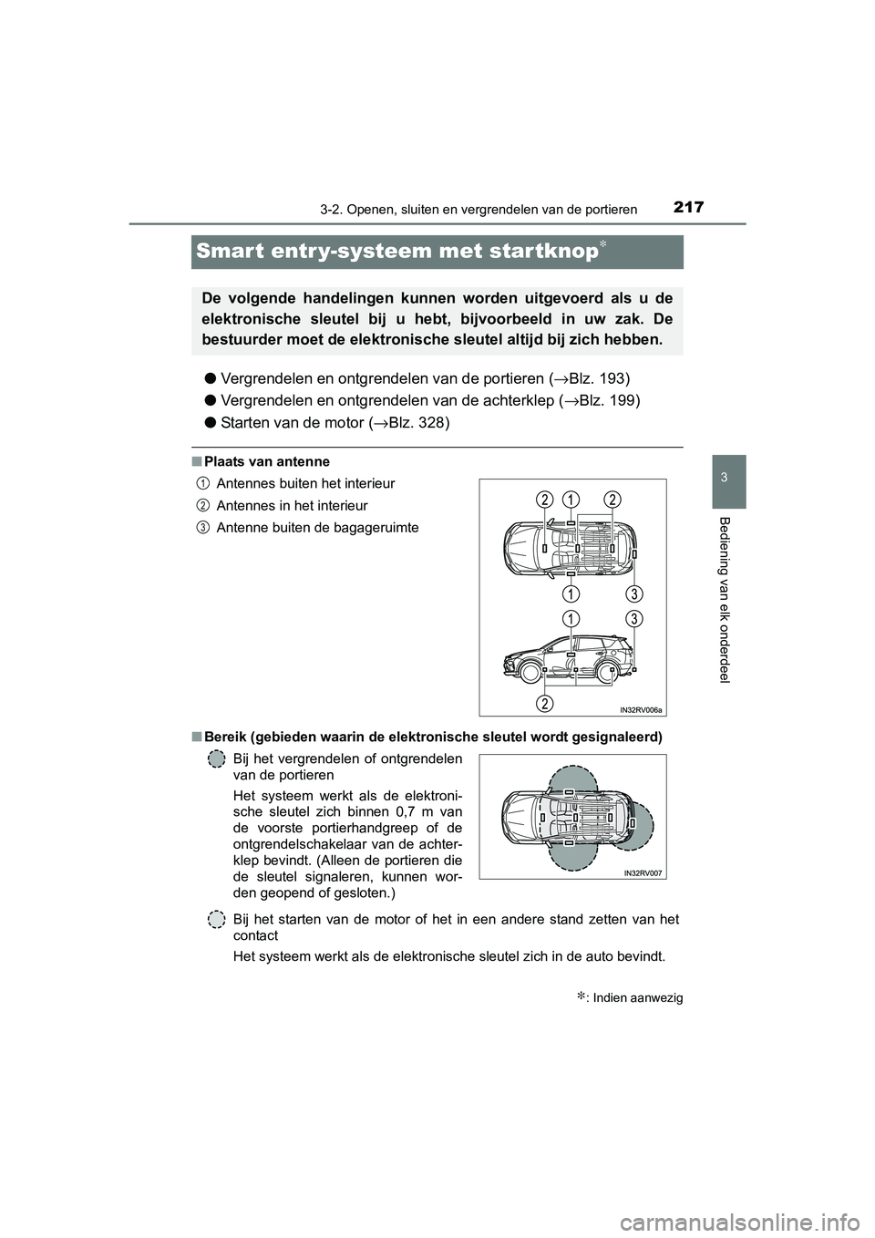 TOYOTA RAV4 2018 Instructieboekje (in Dutch) 217
3
3-2. Openen, sluiten en vergrendelen van de portieren
Bediening van elk onderdeel
RAV4_OM_OM42B70E_(EE)
Smart entr y-systeem met startknop∗
●Vergrendelen en ontgrendelen van de portieren ( TOYOTA RAV4 2018 Instructieboekje (in Dutch) 217
3
3-2. Openen, sluiten en vergrendelen van de portieren
Bediening van elk onderdeel
RAV4_OM_OM42B70E_(EE)
Smart entr y-systeem met startknop∗
●Vergrendelen en ontgrendelen van de portieren (