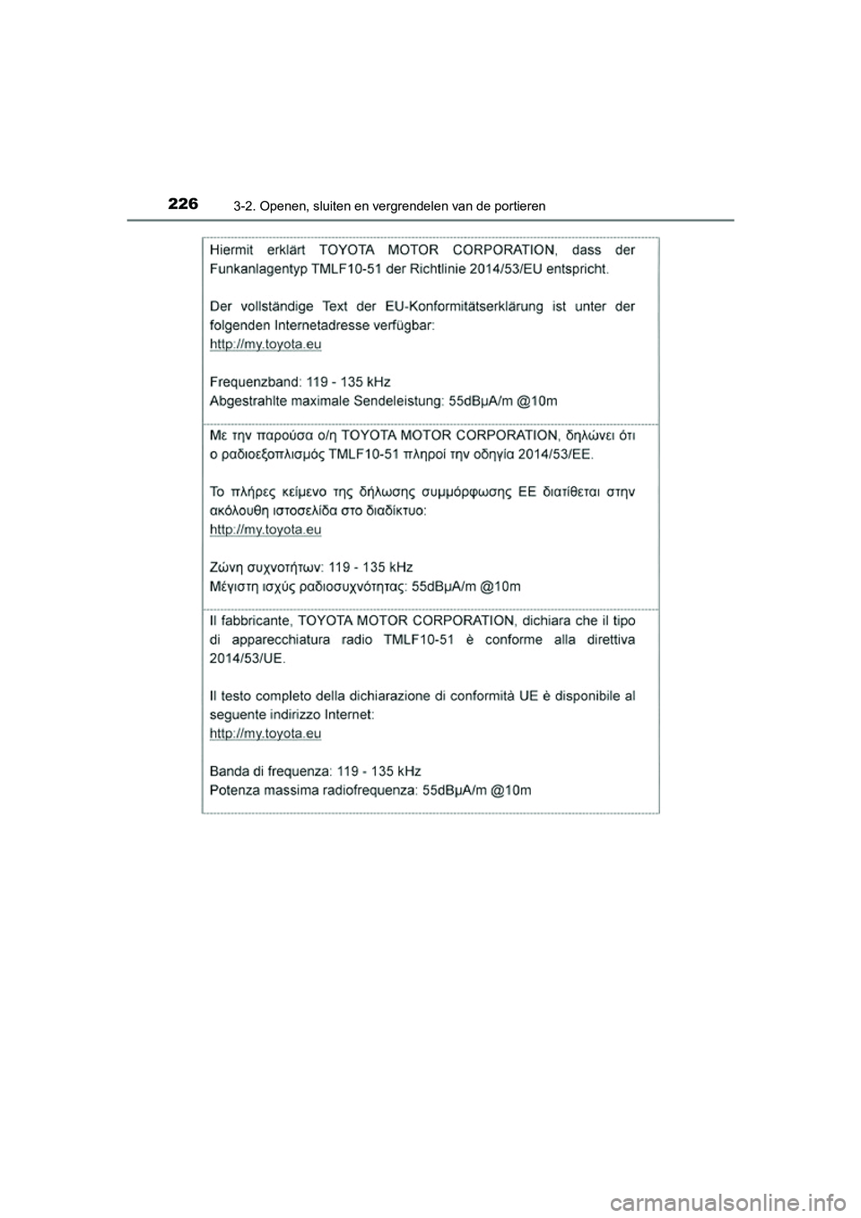 TOYOTA RAV4 2018 Instructieboekje (in Dutch) 2263-2. Openen, sluiten en vergrendelen van de portieren
RAV4_OM_OM42B70E_(EE)
RAV4_OM_OM42B70E_(EE).book Page 226 Thursday, July 6, 2017 9:19 AM TOYOTA RAV4 2018 Instructieboekje (in Dutch) 2263-2. Openen, sluiten en vergrendelen van de portieren
RAV4_OM_OM42B70E_(EE)
RAV4_OM_OM42B70E_(EE).book Page 226 Thursday, July 6, 2017 9:19 AM