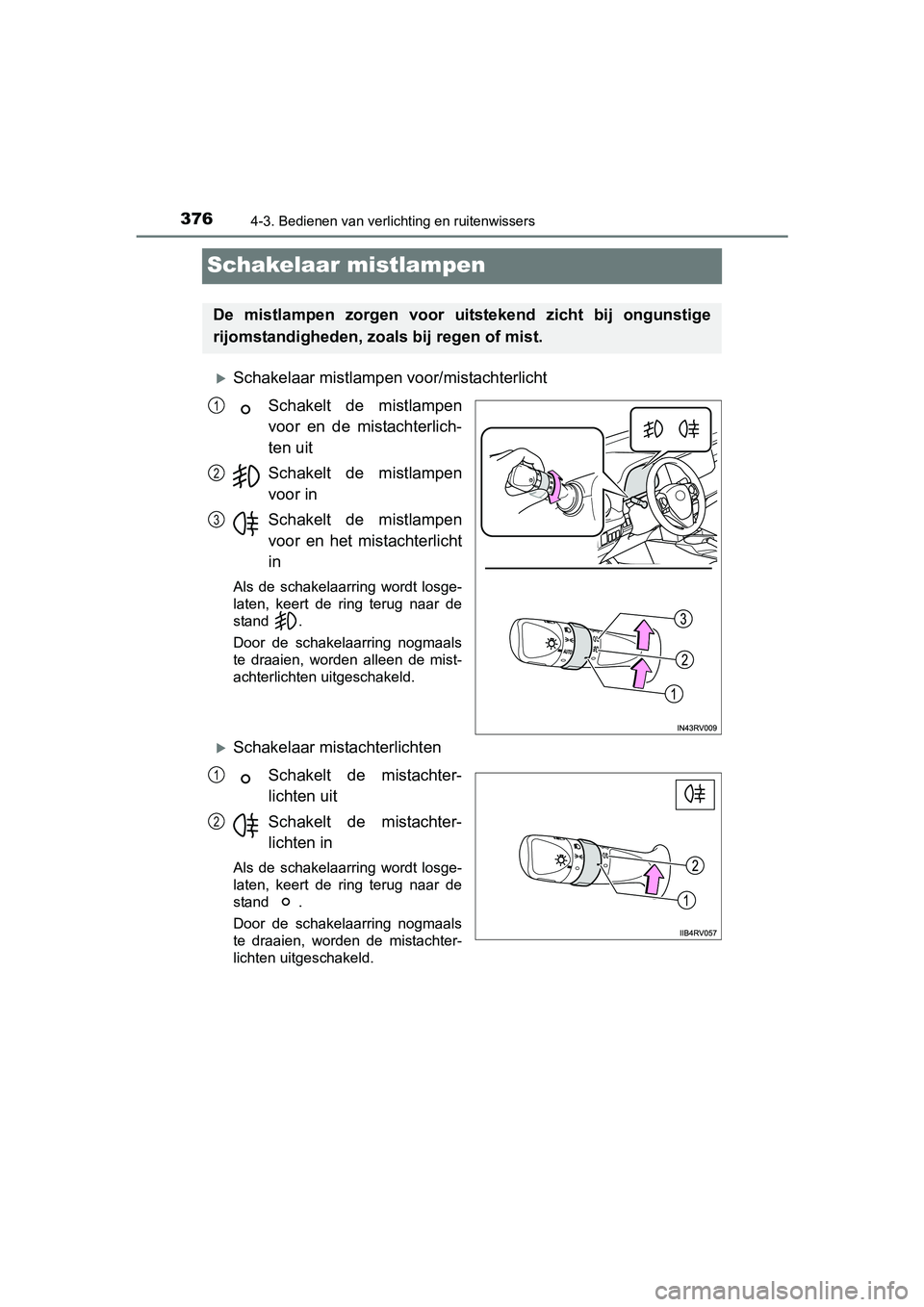TOYOTA RAV4 2018 Instructieboekje (in Dutch) 3764-3. Bedienen van verlichting en ruitenwissers
RAV4_OM_OM42B70E_(EE)
Schakelaar mistlampen
Schakelaar mistlampen voor/mistachterlichtSchakelt de mistlampen
voor en de mistachterlich-
ten ui TOYOTA RAV4 2018 Instructieboekje (in Dutch) 3764-3. Bedienen van verlichting en ruitenwissers
RAV4_OM_OM42B70E_(EE)
Schakelaar mistlampen
Schakelaar mistlampen voor/mistachterlichtSchakelt de mistlampen
voor en de mistachterlich-
ten ui