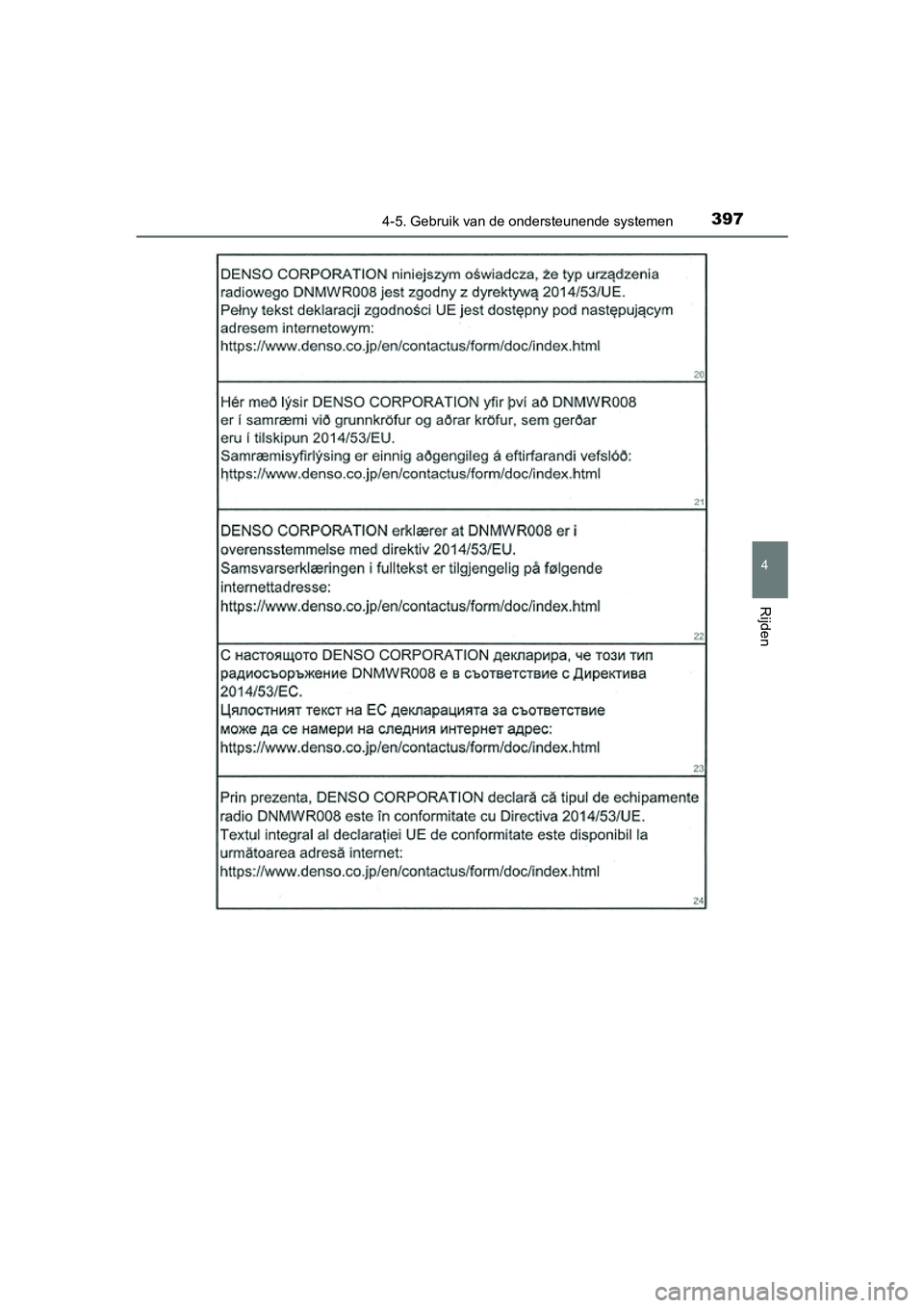 TOYOTA RAV4 2018 Instructieboekje (in Dutch) 3974-5. Gebruik van de ondersteunende systemen
4
Rijden
RAV4_OM_OM42B70E_(EE)
RAV4_OM_OM42B70E_(EE).book Page 397 Thursday, July 6, 2017 9:19 AM TOYOTA RAV4 2018 Instructieboekje (in Dutch) 3974-5. Gebruik van de ondersteunende systemen
4
Rijden
RAV4_OM_OM42B70E_(EE)
RAV4_OM_OM42B70E_(EE).book Page 397 Thursday, July 6, 2017 9:19 AM