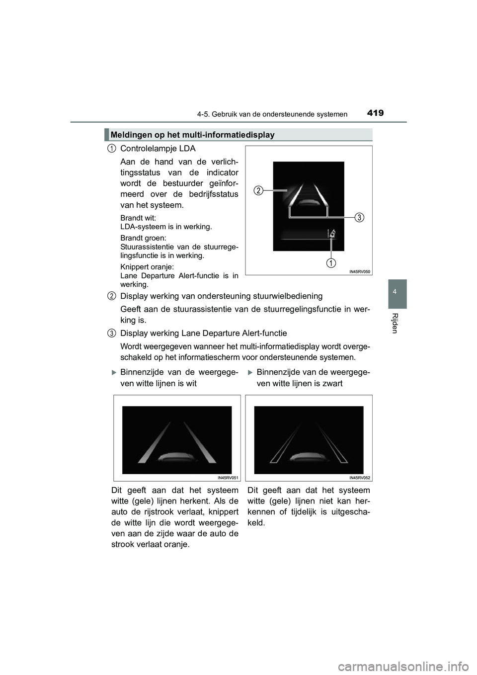 TOYOTA RAV4 2018 Instructieboekje (in Dutch) 4194-5. Gebruik van de ondersteunende systemen
4
Rijden
RAV4_OM_OM42B70E_(EE)
Controlelampje LDA
Aan de hand van de verlich-
tingsstatus van de indicator
wordt de bestuurder geïnfor-
meerd TOYOTA RAV4 2018 Instructieboekje (in Dutch) 4194-5. Gebruik van de ondersteunende systemen
4
Rijden
RAV4_OM_OM42B70E_(EE)
Controlelampje LDA
Aan de hand van de verlich-
tingsstatus van de indicator
wordt de bestuurder geïnfor-
meerd