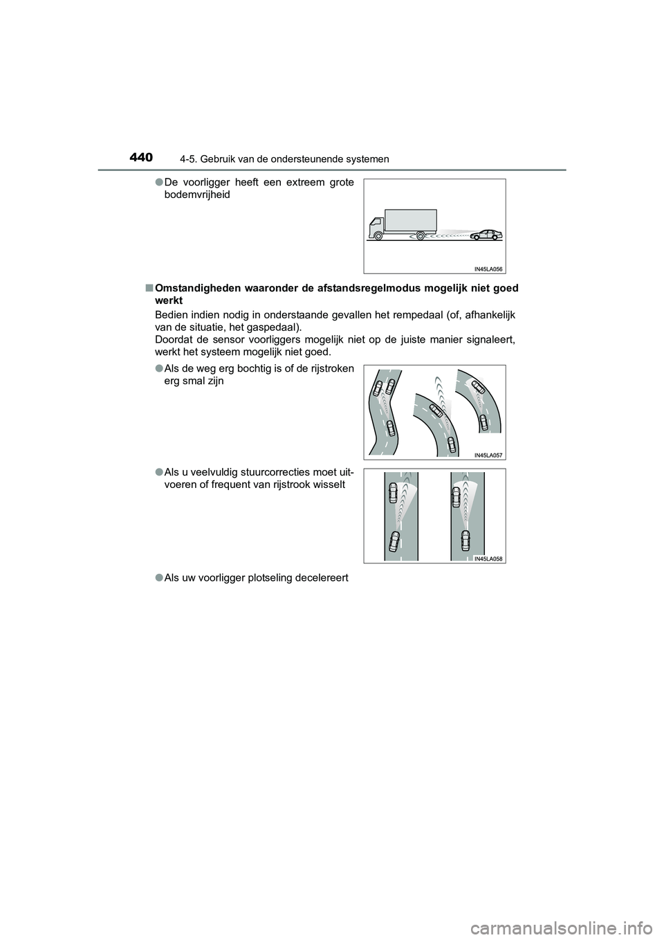 TOYOTA RAV4 2018 Instructieboekje (in Dutch) 4404-5. Gebruik van de ondersteunende systemen
RAV4_OM_OM42B70E_(EE)■
Omstandigheden waaronder de afstandsregelmodus mogelijk niet goed
werkt
Bedien indien nodig in onderstaande gevallen he TOYOTA RAV4 2018 Instructieboekje (in Dutch) 4404-5. Gebruik van de ondersteunende systemen
RAV4_OM_OM42B70E_(EE)■
Omstandigheden waaronder de afstandsregelmodus mogelijk niet goed
werkt
Bedien indien nodig in onderstaande gevallen he