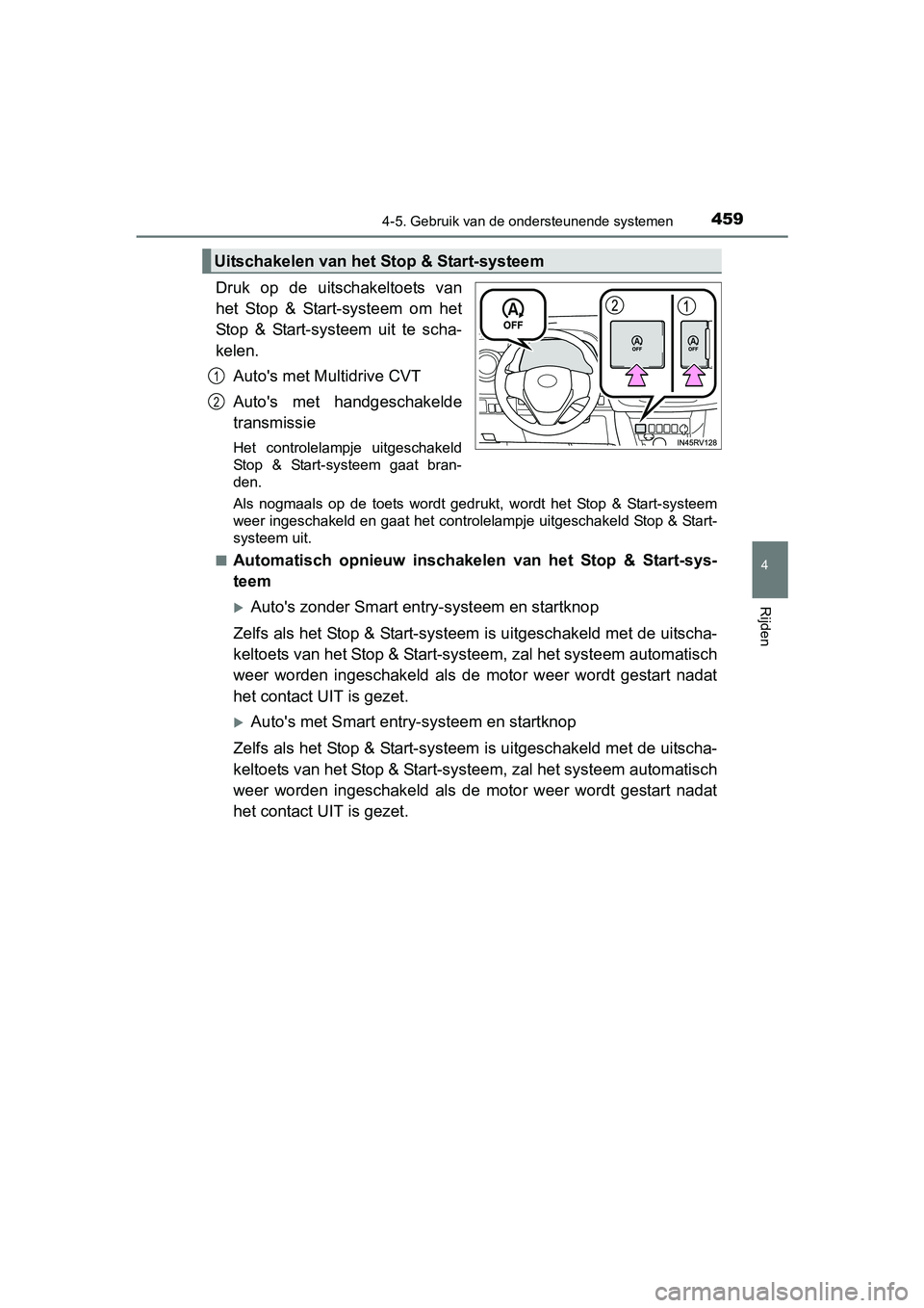 TOYOTA RAV4 2018 Instructieboekje (in Dutch) 4594-5. Gebruik van de ondersteunende systemen
4
Rijden
RAV4_OM_OM42B70E_(EE)
Druk op de uitschakeltoets van
het Stop & Start-systeem om het
Stop & Start-systeem uit te scha-
kelen.Auto& TOYOTA RAV4 2018 Instructieboekje (in Dutch) 4594-5. Gebruik van de ondersteunende systemen
4
Rijden
RAV4_OM_OM42B70E_(EE)
Druk op de uitschakeltoets van
het Stop & Start-systeem om het
Stop & Start-systeem uit te scha-
kelen.Auto&