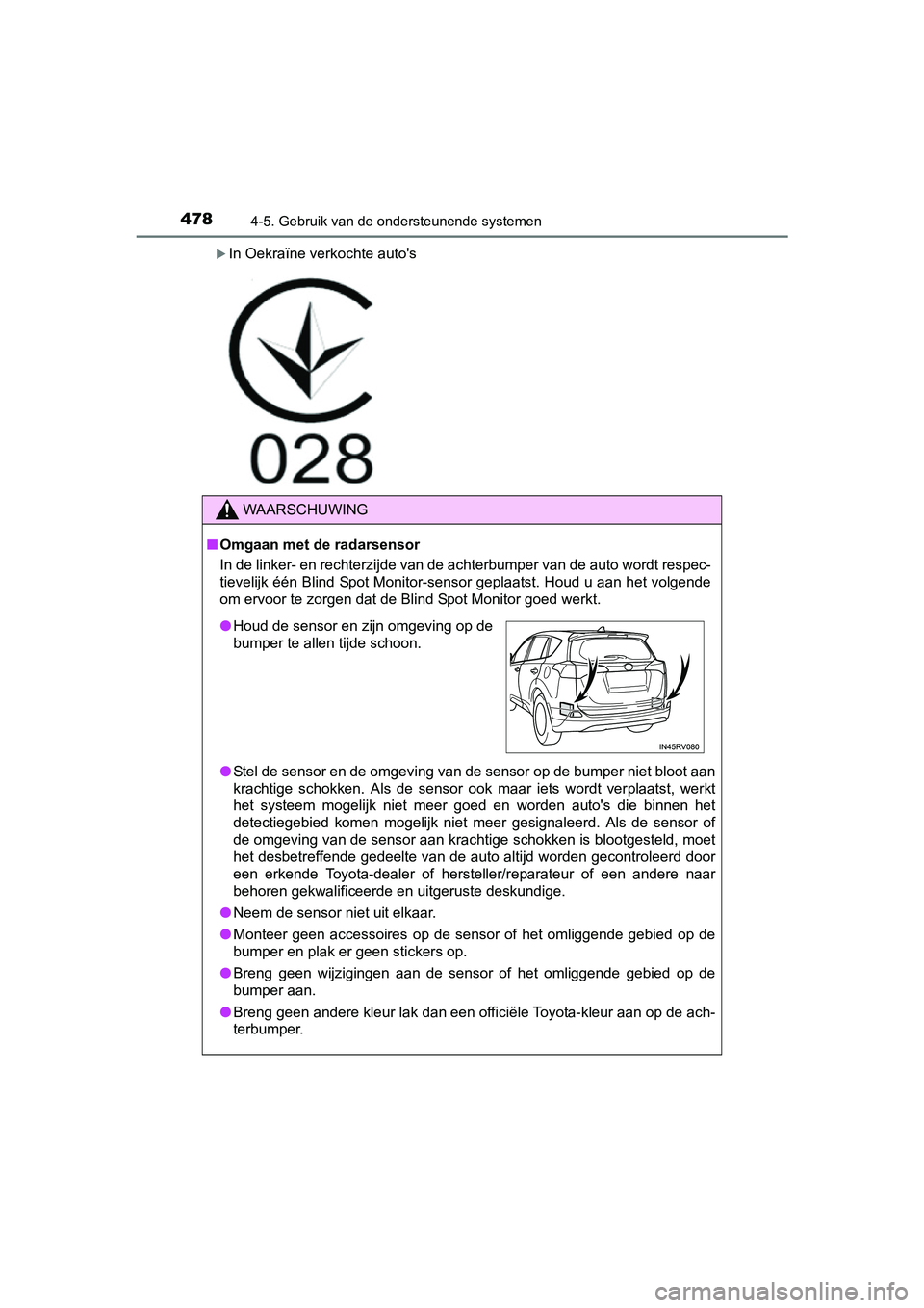 TOYOTA RAV4 2018  Instructieboekje (in Dutch) 4784-5. Gebruik van de ondersteunende systemen
RAV4_OM_OM42B70E_(EE)
In Oekraïne verkochte auto's
WAARSCHUWING
■Omgaan met de radarsensor
In de linker- en rechterzijde van de achterbumper va