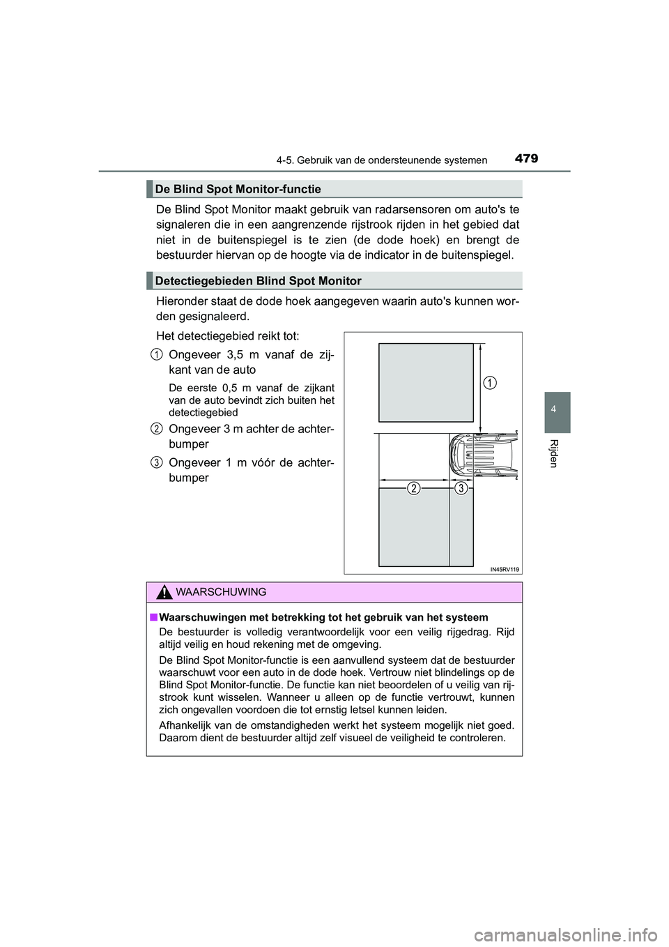 TOYOTA RAV4 2018  Instructieboekje (in Dutch) 4794-5. Gebruik van de ondersteunende systemen
4
Rijden
RAV4_OM_OM42B70E_(EE)
De Blind Spot Monitor maakt gebruik van radarsensoren om auto's te
signaleren  die  in  een  aangrenzende  rijstrook  
