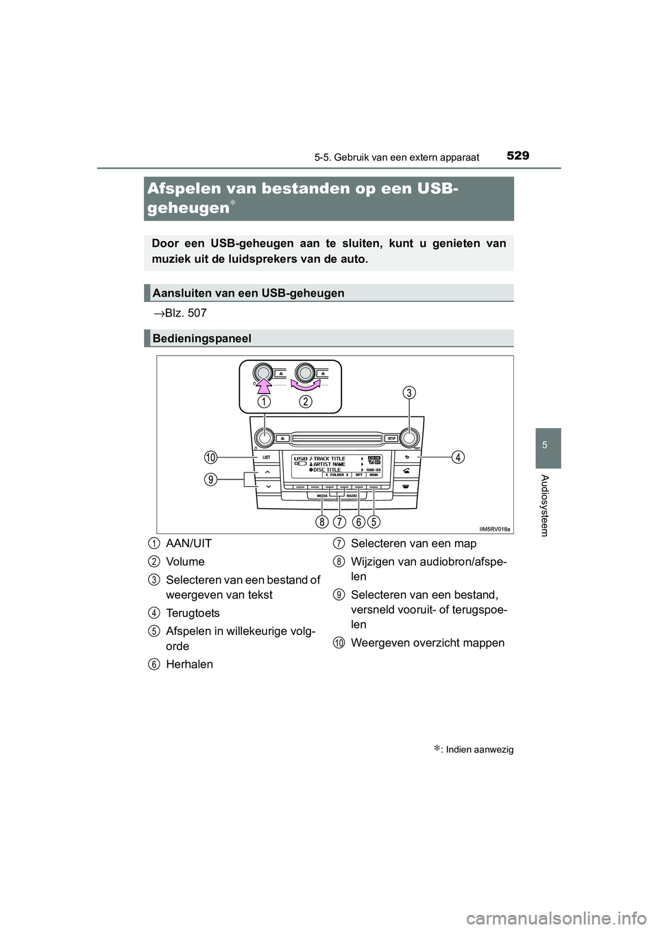 TOYOTA RAV4 2018  Instructieboekje (in Dutch) 529
5
5-5. Gebruik van een extern apparaat
Audiosysteem
RAV4_OM_OM42B70E_(EE)
Afspelen van bestanden op een USB-
geheugen
∗
→Blz. 507
∗: Indien aanwezig
Door  een  USB-geheugen  aan  te  sluiten