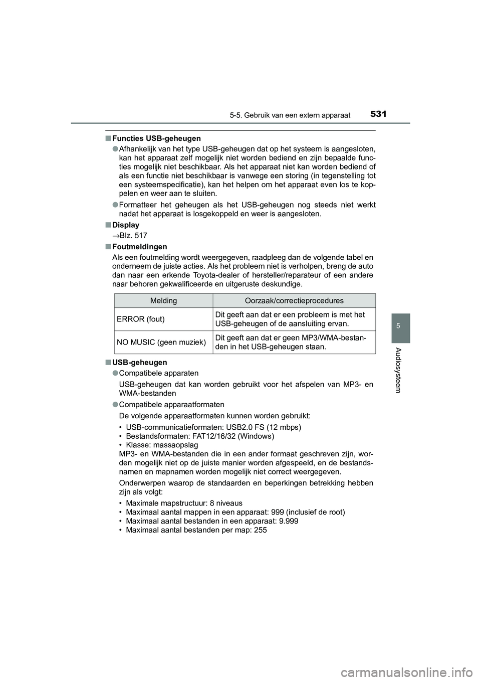 TOYOTA RAV4 2018  Instructieboekje (in Dutch) 5315-5. Gebruik van een extern apparaat
5
Audiosysteem
RAV4_OM_OM42B70E_(EE)
■Functies USB-geheugen
●Afhankelijk van het type USB-geheugen dat op het systeem is aan gesloten,
kan  het  apparaat  z