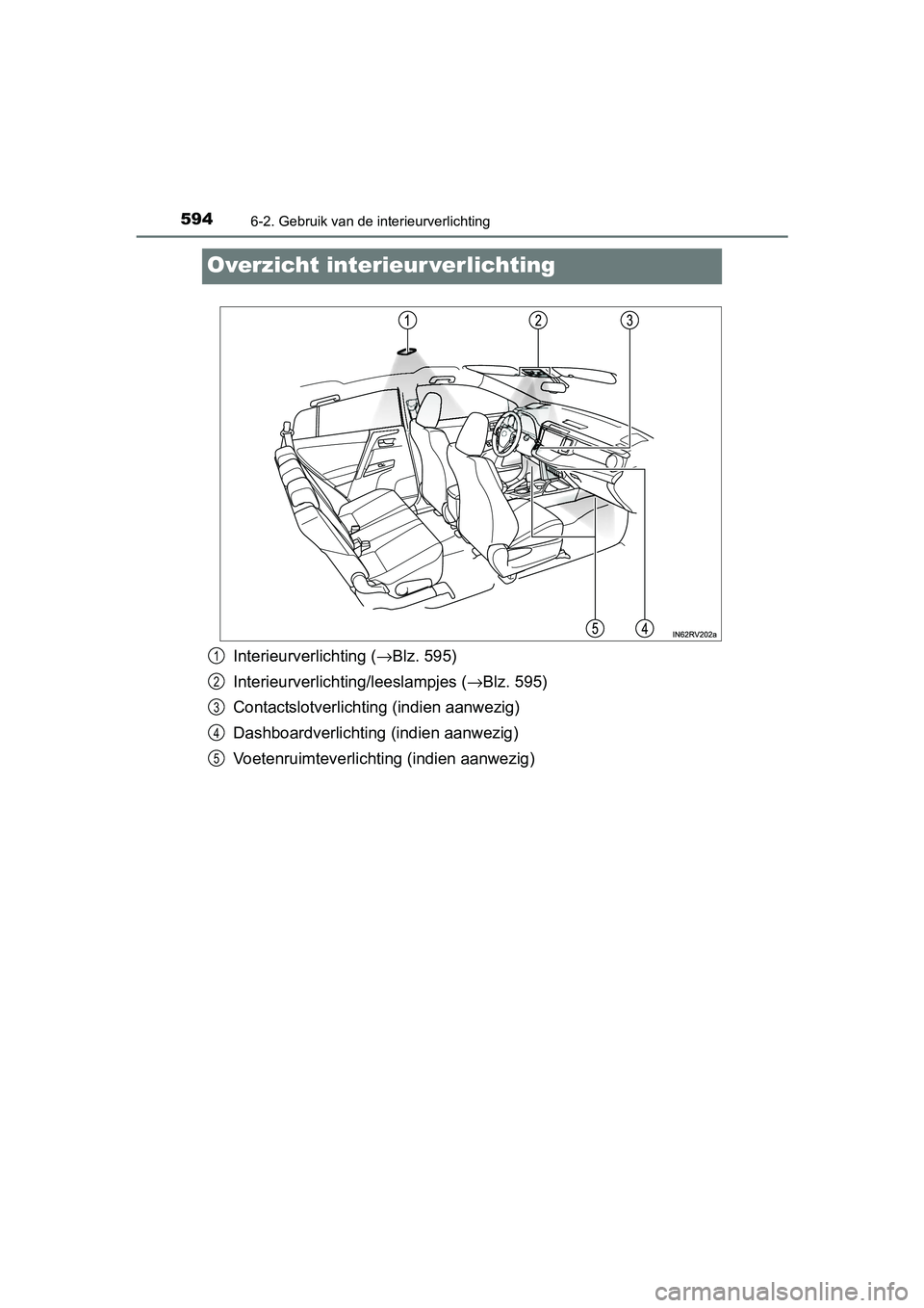 TOYOTA RAV4 2018  Instructieboekje (in Dutch) 5946-2. Gebruik van de interieurverlichting
RAV4_OM_OM42B70E_(EE)
Overzicht interieur verlichting
Interieurverlichting (→Blz. 595)
Interieurverlichtin g/leeslampjes (→Blz. 595)
Contactslotverlicht