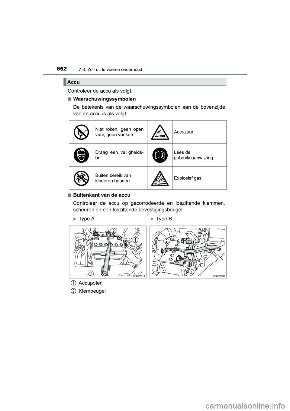 TOYOTA RAV4 2018  Instructieboekje (in Dutch) 6527-3. Zelf uit te voeren onderhoud
RAV4_OM_OM42B70E_(EE)
Controleer de accu als volgt:
■Waarschuwingssymbolen
De  betekenis  van  de  waarschu wingssymbolen  aan  de  bovenzijde
van de accu is als