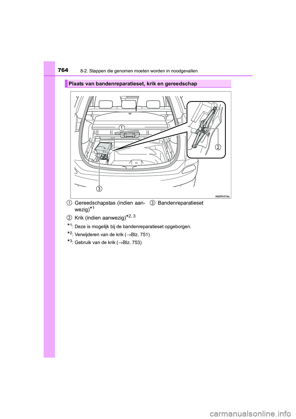 TOYOTA RAV4 2018  Instructieboekje (in Dutch) 7648-2. Stappen die genomen moeten worden in noodgevallen
RAV4_OM_OM42B70E_(EE)
*1: Deze is mogelijk bij de bandenreparatieset opgeborgen.
*2: Verwijderen van de krik (→Blz. 751)
*3: Gebruik van de 