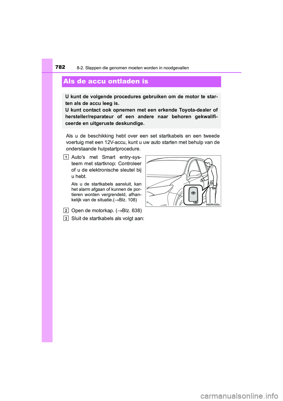 TOYOTA RAV4 2018 Instructieboekje (in Dutch) 7828-2. Stappen die genomen moeten worden in noodgevallen
RAV4_OM_OM42B70E_(EE)
Als de accu ontladen is
Als u de beschikking hebt over een set startkabels en een tweed e
voertuig met een 12 TOYOTA RAV4 2018 Instructieboekje (in Dutch) 7828-2. Stappen die genomen moeten worden in noodgevallen
RAV4_OM_OM42B70E_(EE)
Als de accu ontladen is
Als u de beschikking hebt over een set startkabels en een tweed e
voertuig met een 12