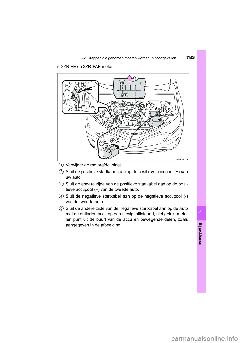 TOYOTA RAV4 2018 Instructieboekje (in Dutch) 7838-2. Stappen die genomen moeten worden in noodgevallen
8
Bij problemen
RAV4_OM_OM42B70E_(EE)
3ZR-FE en 3ZR-FAE motor
Verwijder de motorafdekplaat.
Sluit de positieve startkabel aan op de positie TOYOTA RAV4 2018 Instructieboekje (in Dutch) 7838-2. Stappen die genomen moeten worden in noodgevallen
8
Bij problemen
RAV4_OM_OM42B70E_(EE)
3ZR-FE en 3ZR-FAE motor
Verwijder de motorafdekplaat.
Sluit de positieve startkabel aan op de positie