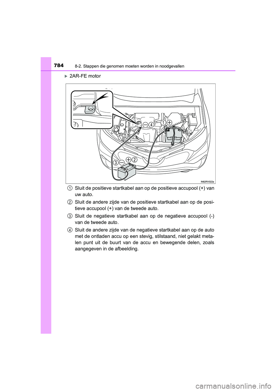 TOYOTA RAV4 2018 Instructieboekje (in Dutch) 7848-2. Stappen die genomen moeten worden in noodgevallen
RAV4_OM_OM42B70E_(EE)
2AR-FE motor
Sluit de positieve startkabel aan op de positieve accupool (+) van
uw auto.
Sluit de andere zijde van d TOYOTA RAV4 2018 Instructieboekje (in Dutch) 7848-2. Stappen die genomen moeten worden in noodgevallen
RAV4_OM_OM42B70E_(EE)
2AR-FE motor
Sluit de positieve startkabel aan op de positieve accupool (+) van
uw auto.
Sluit de andere zijde van d