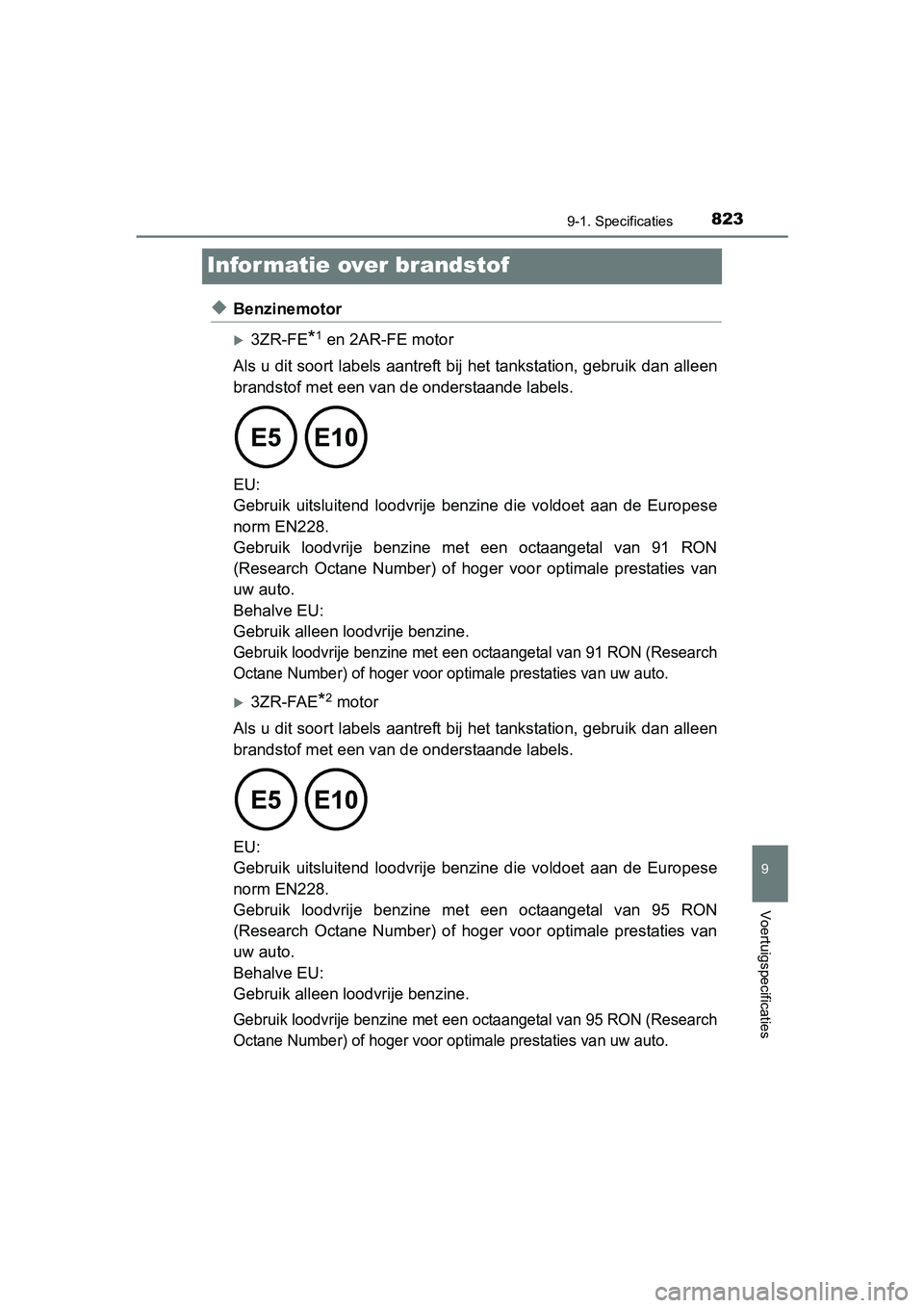 TOYOTA RAV4 2018 Instructieboekje (in Dutch) 8239-1. Specificaties
RAV4_OM_OM42B70E_(EE)
9
Voertuigspecificaties
Informatie over brandstof
◆Benzinemotor
3ZR-FE*1 en 2AR-FE motor
Als u dit soort labels aantreft bij het tankstation, gebruik d TOYOTA RAV4 2018 Instructieboekje (in Dutch) 8239-1. Specificaties
RAV4_OM_OM42B70E_(EE)
9
Voertuigspecificaties
Informatie over brandstof
◆Benzinemotor
3ZR-FE*1 en 2AR-FE motor
Als u dit soort labels aantreft bij het tankstation, gebruik d