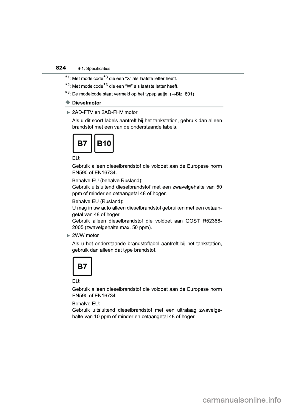 TOYOTA RAV4 2018 Instructieboekje (in Dutch) 8249-1. Specificaties
RAV4_OM_OM42B70E_(EE)
*1: Met modelcode*3 die een “X” als laatste letter heeft.
*2: Met modelcode*3 die een “W” als laatste letter heeft.
*3: De modelcode staat vermeld o TOYOTA RAV4 2018 Instructieboekje (in Dutch) 8249-1. Specificaties
RAV4_OM_OM42B70E_(EE)
*1: Met modelcode*3 die een “X” als laatste letter heeft.
*2: Met modelcode*3 die een “W” als laatste letter heeft.
*3: De modelcode staat vermeld o