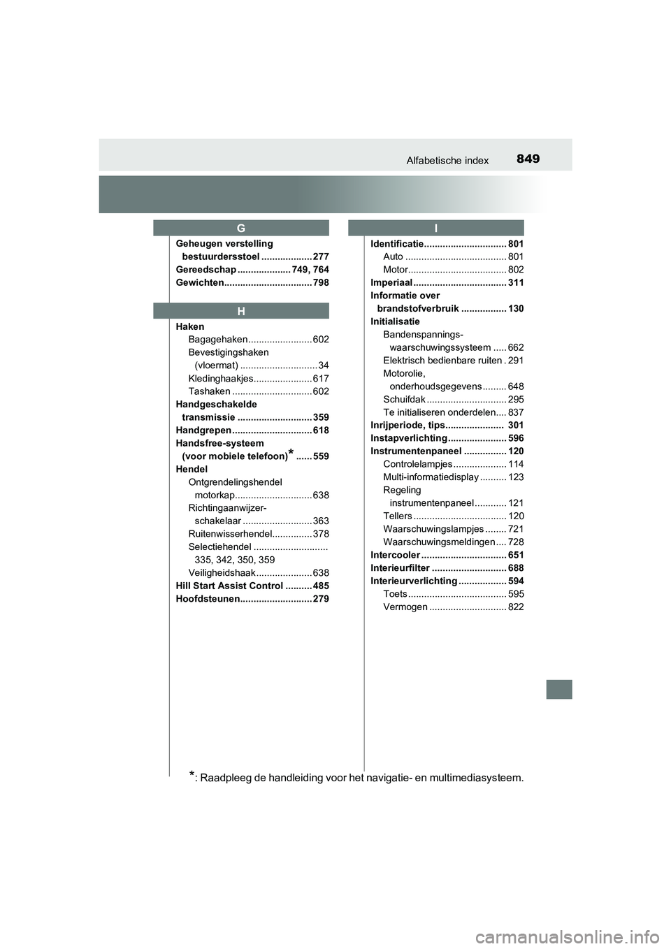 TOYOTA RAV4 2018 Instructieboekje (in Dutch) 849Alfabetische index
RAV4_OM_OM42B70E_(EE)
Geheugen verstelling bestuurdersstoel ................... 277
Gereedschap .................... 749, 764
Gewichten................................. 798
Haken TOYOTA RAV4 2018 Instructieboekje (in Dutch) 849Alfabetische index
RAV4_OM_OM42B70E_(EE)
Geheugen verstelling bestuurdersstoel ................... 277
Gereedschap .................... 749, 764
Gewichten................................. 798
Haken