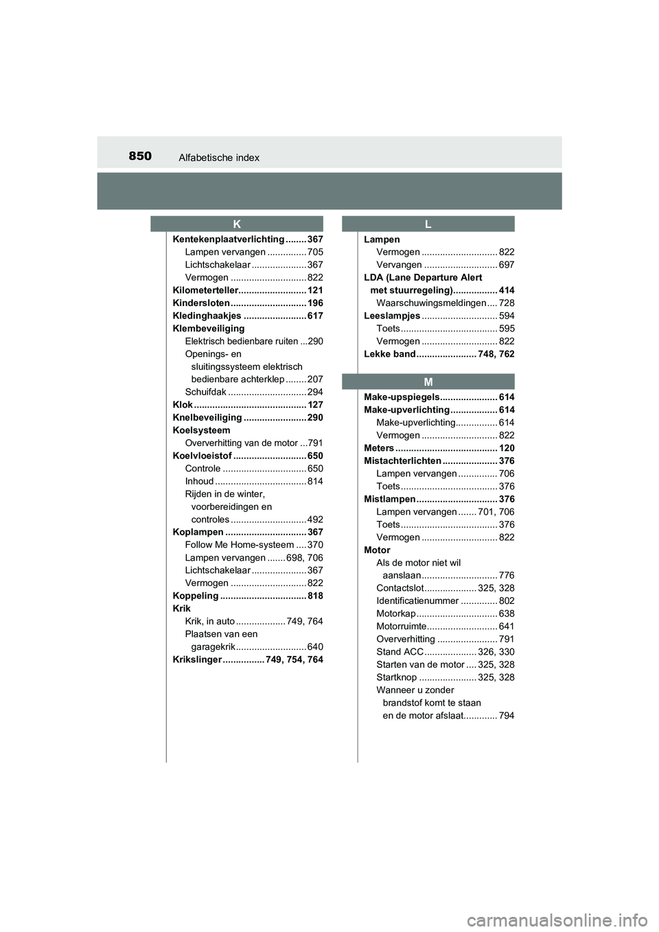 TOYOTA RAV4 2018 Instructieboekje (in Dutch) 850Alfabetische index
RAV4_OM_OM42B70E_(EE)
Kentekenplaatverlichting ........ 367Lampen vervangen ............... 705
Lichtschakelaar ..................... 367
Vermogen ............................. 8 TOYOTA RAV4 2018 Instructieboekje (in Dutch) 850Alfabetische index
RAV4_OM_OM42B70E_(EE)
Kentekenplaatverlichting ........ 367Lampen vervangen ............... 705
Lichtschakelaar ..................... 367
Vermogen ............................. 8