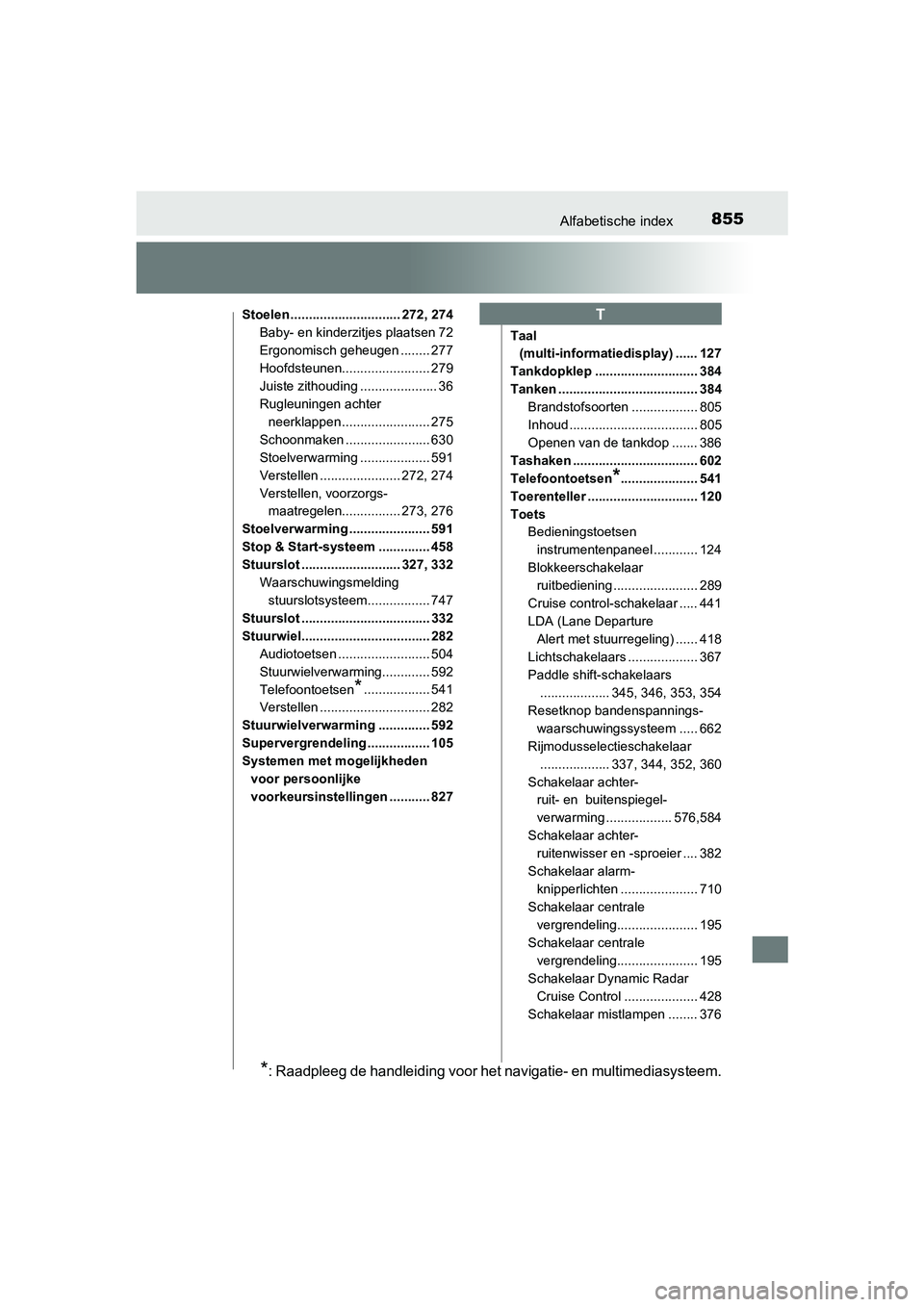 TOYOTA RAV4 2018 Instructieboekje (in Dutch) 855Alfabetische index
RAV4_OM_OM42B70E_(EE)
Stoelen .............................. 272, 274Baby- en kinderzitjes plaatsen 72
Ergonomisch geheugen ........ 277
Hoofdsteunen........................ 279
TOYOTA RAV4 2018 Instructieboekje (in Dutch) 855Alfabetische index
RAV4_OM_OM42B70E_(EE)
Stoelen .............................. 272, 274Baby- en kinderzitjes plaatsen 72
Ergonomisch geheugen ........ 277
Hoofdsteunen........................ 279