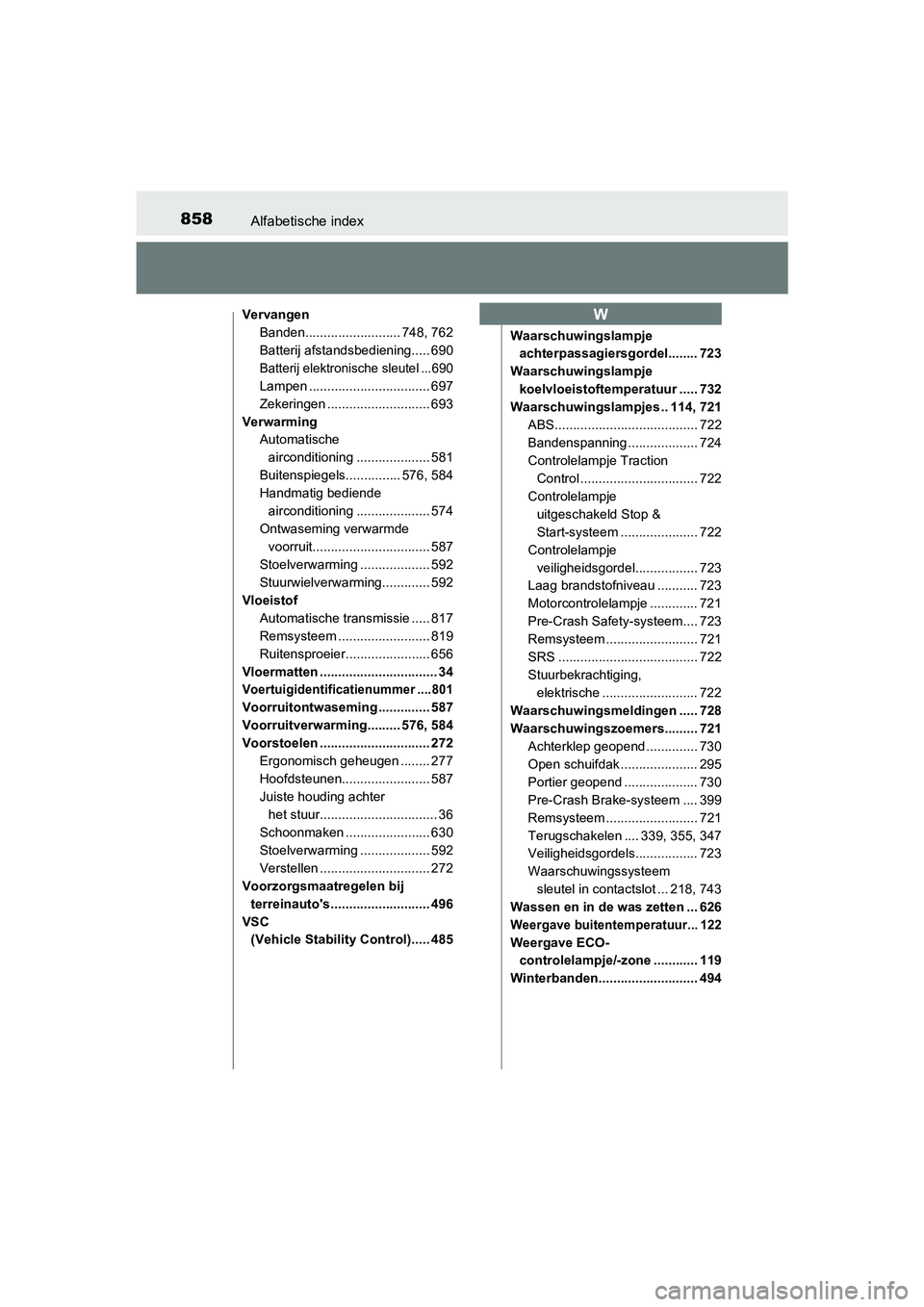 TOYOTA RAV4 2018 Instructieboekje (in Dutch) 858Alfabetische index
RAV4_OM_OM42B70E_(EE)
VervangenBanden.......................... 748, 762
Batterij afstandsbediening..... 690
Batterij elektronische sleutel ...690
Lampen ........................ TOYOTA RAV4 2018 Instructieboekje (in Dutch) 858Alfabetische index
RAV4_OM_OM42B70E_(EE)
VervangenBanden.......................... 748, 762
Batterij afstandsbediening..... 690
Batterij elektronische sleutel ...690
Lampen ........................