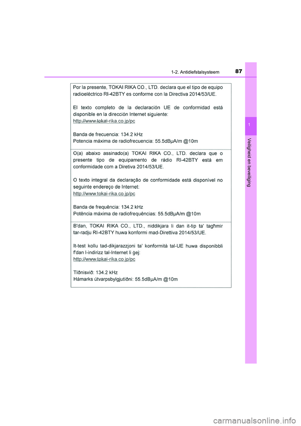 TOYOTA RAV4 2018 Instructieboekje (in Dutch) 871-2. Antidiefstalsysteem
1
RAV4_OM_OM42B70E_(EE)
Veiligheid en beveiliging
RAV4_OM_OM42B70E_(EE).book Page 87 Thursday, July 6, 2017 9:19 AM TOYOTA RAV4 2018 Instructieboekje (in Dutch) 871-2. Antidiefstalsysteem
1
RAV4_OM_OM42B70E_(EE)
Veiligheid en beveiliging
RAV4_OM_OM42B70E_(EE).book Page 87 Thursday, July 6, 2017 9:19 AM