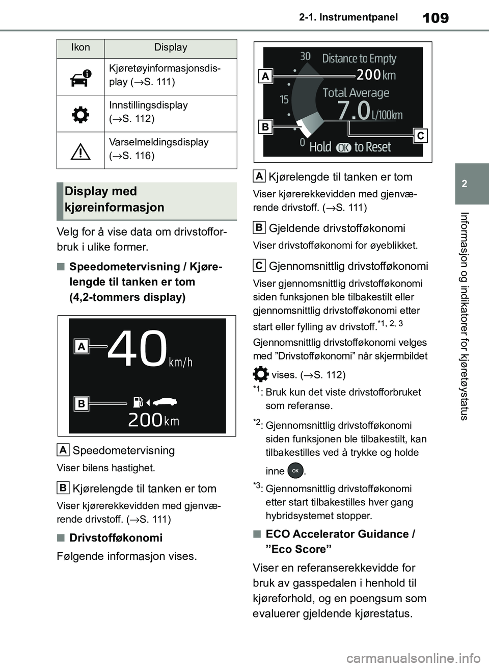 TOYOTA RAV4 2018 Instruksjoner for bruk (in Norwegian) 109
2
OM42B46NO
2-1. Instrumentpanel
Informasjon og indikatorer for kjøretøystatus
Velg for å vise data om drivstoffor-
bruk i ulike former.
■Speedometervisning / Kjøre-
lengde til tanken er tom TOYOTA RAV4 2018 Instruksjoner for bruk (in Norwegian) 109
2
OM42B46NO
2-1. Instrumentpanel
Informasjon og indikatorer for kjøretøystatus
Velg for å vise data om drivstoffor-
bruk i ulike former.
■Speedometervisning / Kjøre-
lengde til tanken er tom