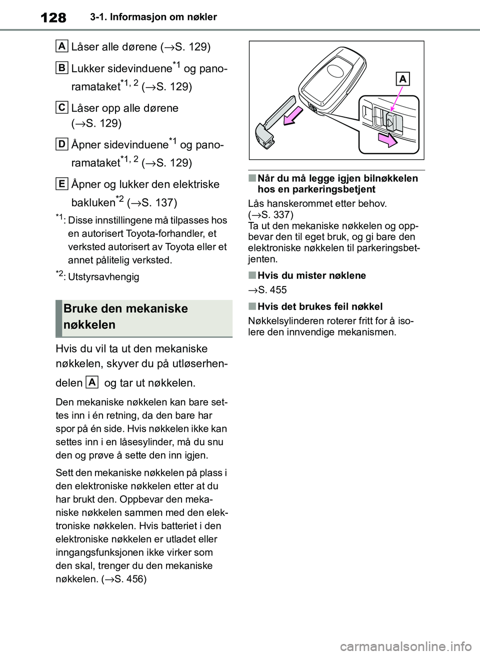 TOYOTA RAV4 2018 Instruksjoner for bruk (in Norwegian) 128
OM42B46NO
3-1. Informasjon om nøkler
Låser alle dørene (→S. 129)
Lukker sidevinduene
*1 og pano-
ramataket
*1, 2 ( → S. 129)
Låser opp alle dørene
( → S. 129)
Åpner sidevinduene
*1 og TOYOTA RAV4 2018 Instruksjoner for bruk (in Norwegian) 128
OM42B46NO
3-1. Informasjon om nøkler
Låser alle dørene (→S. 129)
Lukker sidevinduene
*1 og pano-
ramataket
*1, 2 ( → S. 129)
Låser opp alle dørene
( → S. 129)
Åpner sidevinduene
*1 og