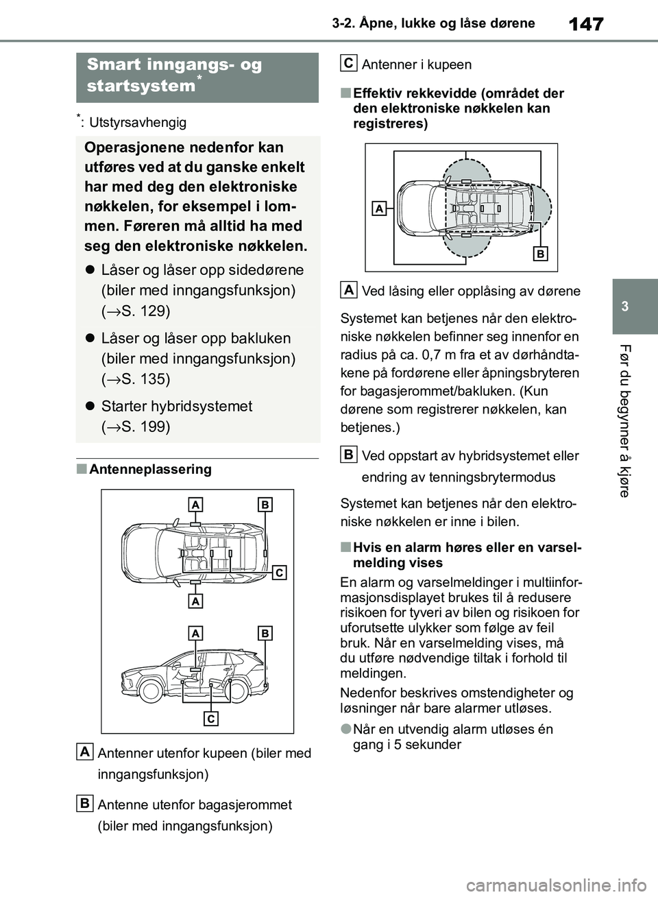 TOYOTA RAV4 2018 Instruksjoner for bruk (in Norwegian) 147
3
OM42B46NO
3-2. Åpne, lukke og låse dørene
Før du begynner å kjøre
*: Utstyrsavhengig
■AntenneplasseringAntenner utenfor kupeen (biler med
inngangsfunksjon)
Antenne utenfor bagasjerommet TOYOTA RAV4 2018 Instruksjoner for bruk (in Norwegian) 147
3
OM42B46NO
3-2. Åpne, lukke og låse dørene
Før du begynner å kjøre
*: Utstyrsavhengig
■AntenneplasseringAntenner utenfor kupeen (biler med
inngangsfunksjon)
Antenne utenfor bagasjerommet