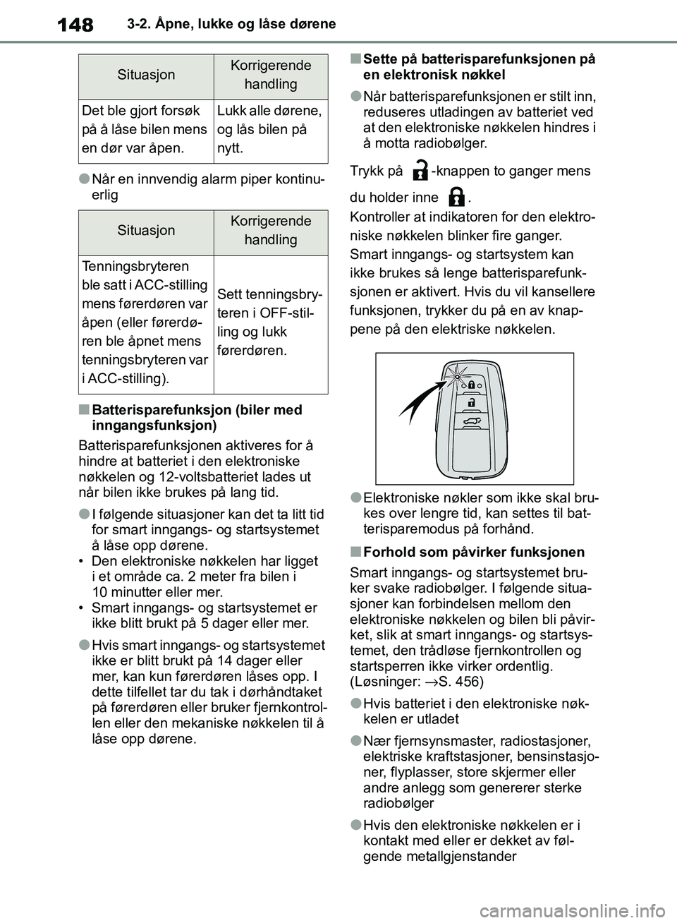 TOYOTA RAV4 2018 Instruksjoner for bruk (in Norwegian) 148
OM42B46NO
3-2. Åpne, lukke og låse dørene
●Når en innvendig alarm piper kontinu-
erlig
■Batterisparefunksjon (biler med
inngangsfunksjon)
Batterisparefunksjonen aktiveres for å
hindre a TOYOTA RAV4 2018 Instruksjoner for bruk (in Norwegian) 148
OM42B46NO
3-2. Åpne, lukke og låse dørene
●Når en innvendig alarm piper kontinu-
erlig
■Batterisparefunksjon (biler med
inngangsfunksjon)
Batterisparefunksjonen aktiveres for å
hindre a