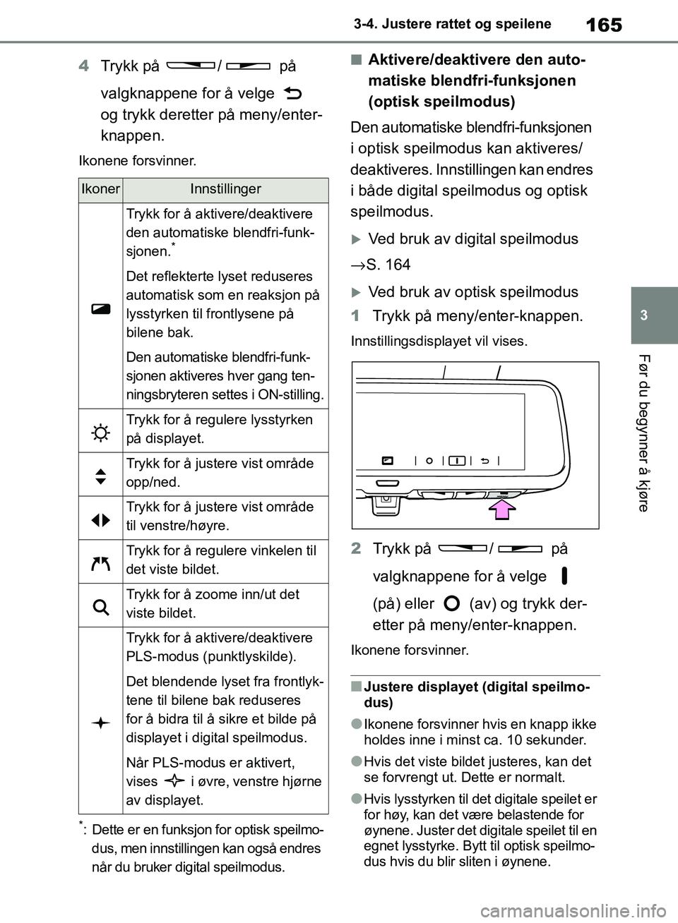 TOYOTA RAV4 2018 Instruksjoner for bruk (in Norwegian) 165
3
OM42B46NO
3-4. Justere rattet og speilene
Før du begynner å kjøre
4Trykk på / på
valgknappene for å velge
og trykk deretter på meny/enter-
knappen.
Ikonene forsvinner.
*: Dette er e TOYOTA RAV4 2018 Instruksjoner for bruk (in Norwegian) 165
3
OM42B46NO
3-4. Justere rattet og speilene
Før du begynner å kjøre
4Trykk på / på
valgknappene for å velge
og trykk deretter på meny/enter-
knappen.
Ikonene forsvinner.
*: Dette er e